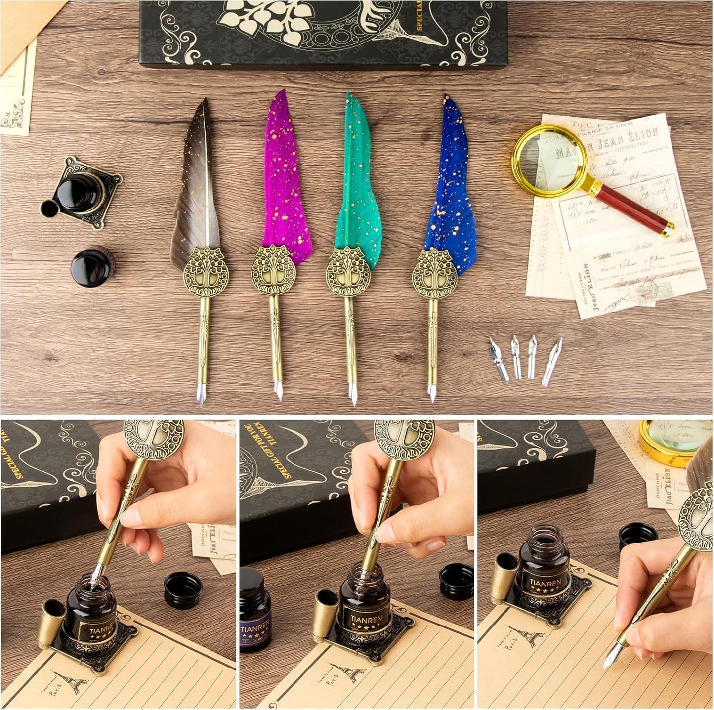 Feather Pen and Ink Set,quill pen ink set,Antique Calligraphy Pen with 4 Replaceable Nibs,2 Bottle of ink,Pen Holder Christmas Gift for Men&Women.(Gray)