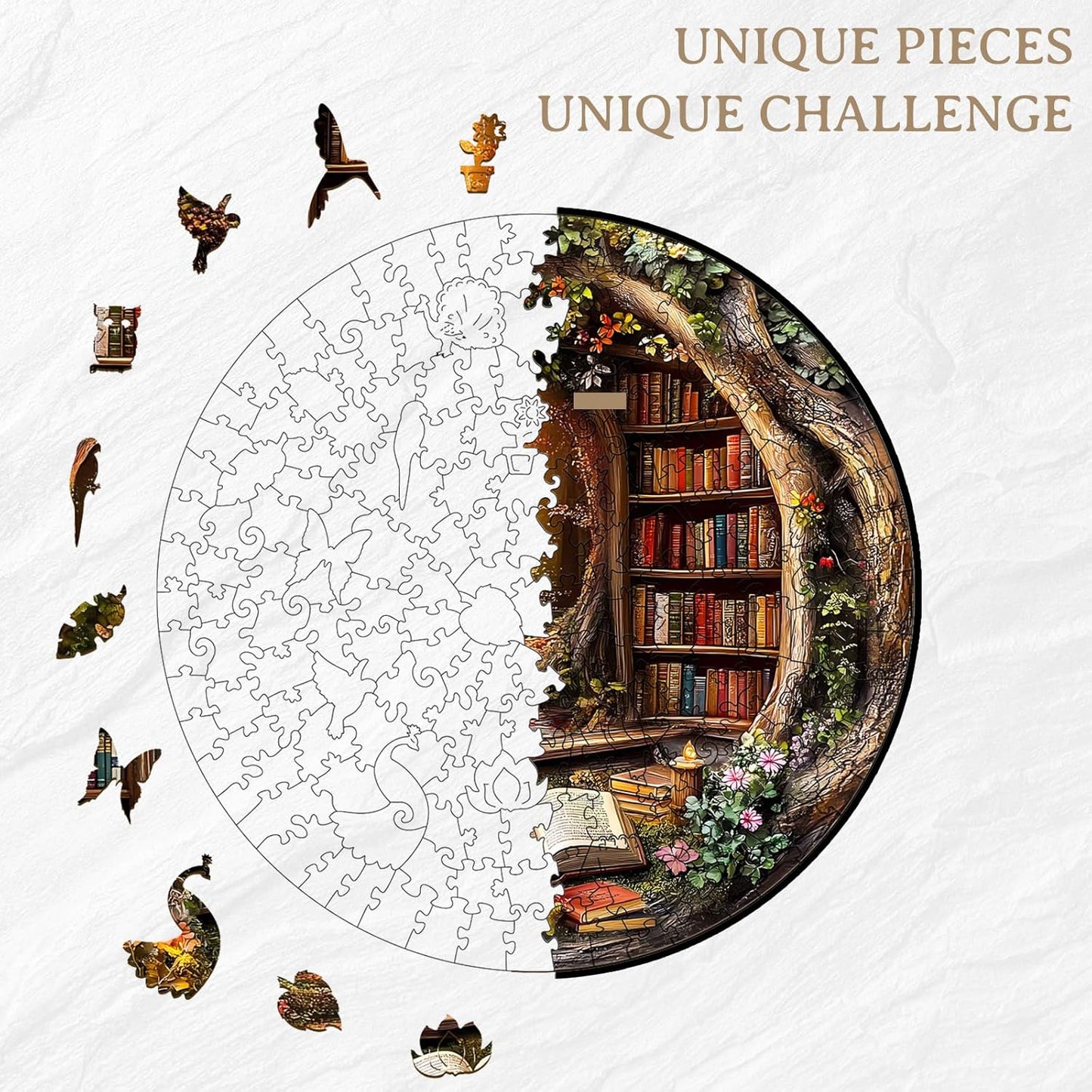 KAAYEE Wooden Puzzles for Adults, 3D Visual Effect Tree House Library Wooden Jigsaw Puzzle Unique Shape Wood Puzzle Adult, 3D Effect Flat Puzzle Birthday Family Games (S-8.5 * 8.5 in-100pcs)