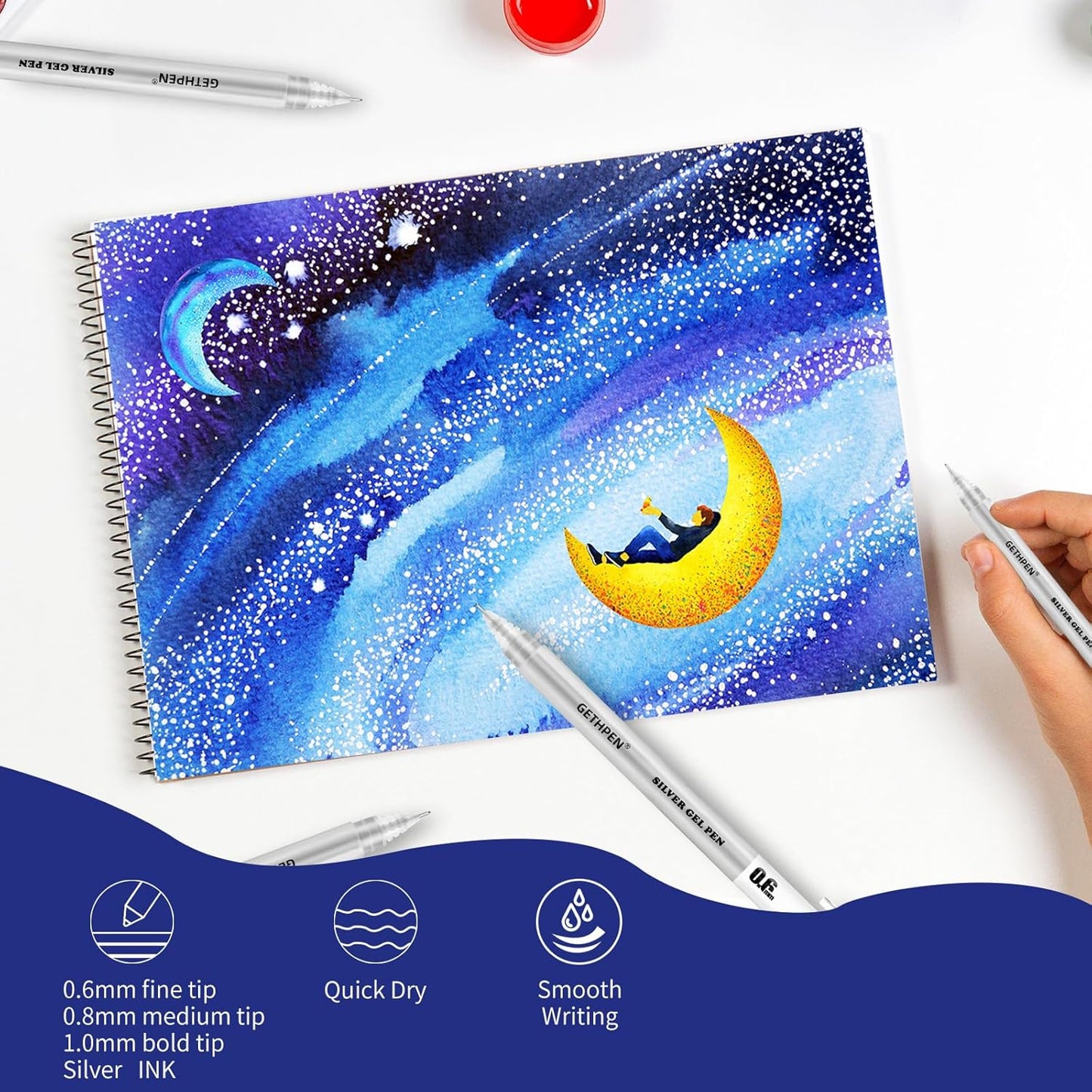 Silver Gel Pens 3-Pack - 0.6/0.8/1.0mm Fine Point Opaque Silver Archival Ink Pen for Black Paper Drawing, Sketching, Illustration, Bullet Journaling