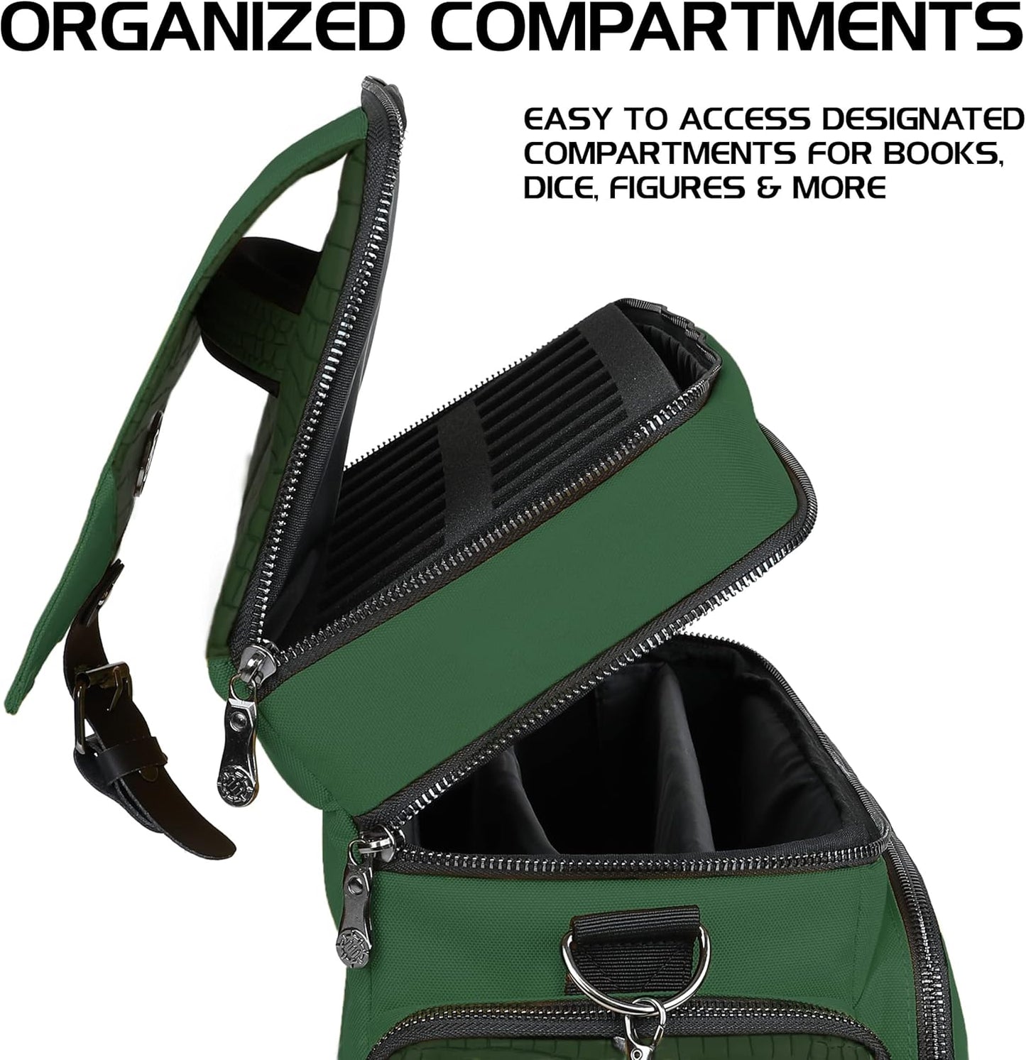 ENHANCE Collector's Edition RPG Adventurer's DnD Bag - Dragon Hide Exterior Travel RPG Bag with Tabletop Miniatures Storage Vault, Mat Holder, DnD Dice & Token Pockets, Fits 4-8 Books (Dragon Green)