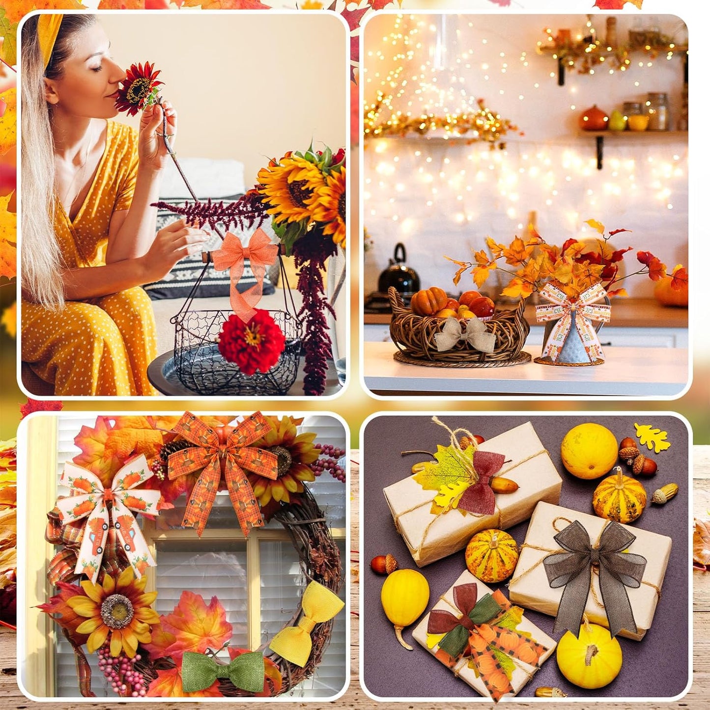 12 Rolls Fall Wired Edge Ribbon for Wreaths 2 Inch x 60 Yards Maple Leaves Pumpkin Turkey Print Ribbon Thanksgiving Plaid Crafts for Autumn Harvest Party Decoration Supplies, 12 Styles