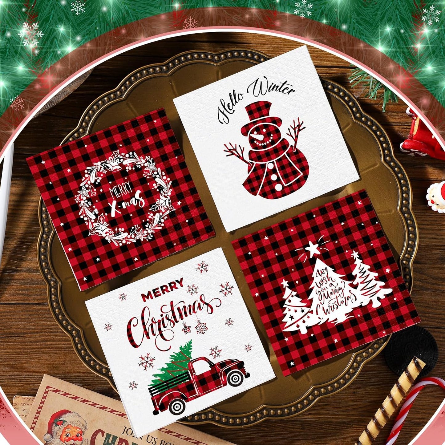 Janlaugh 200 Pcs Christmas Paper Cocktail Napkins Disposable 2 Ply Xmas Style Decoupage Beverage Napkins for Xmas Holiday Winter Dinner Table Decor