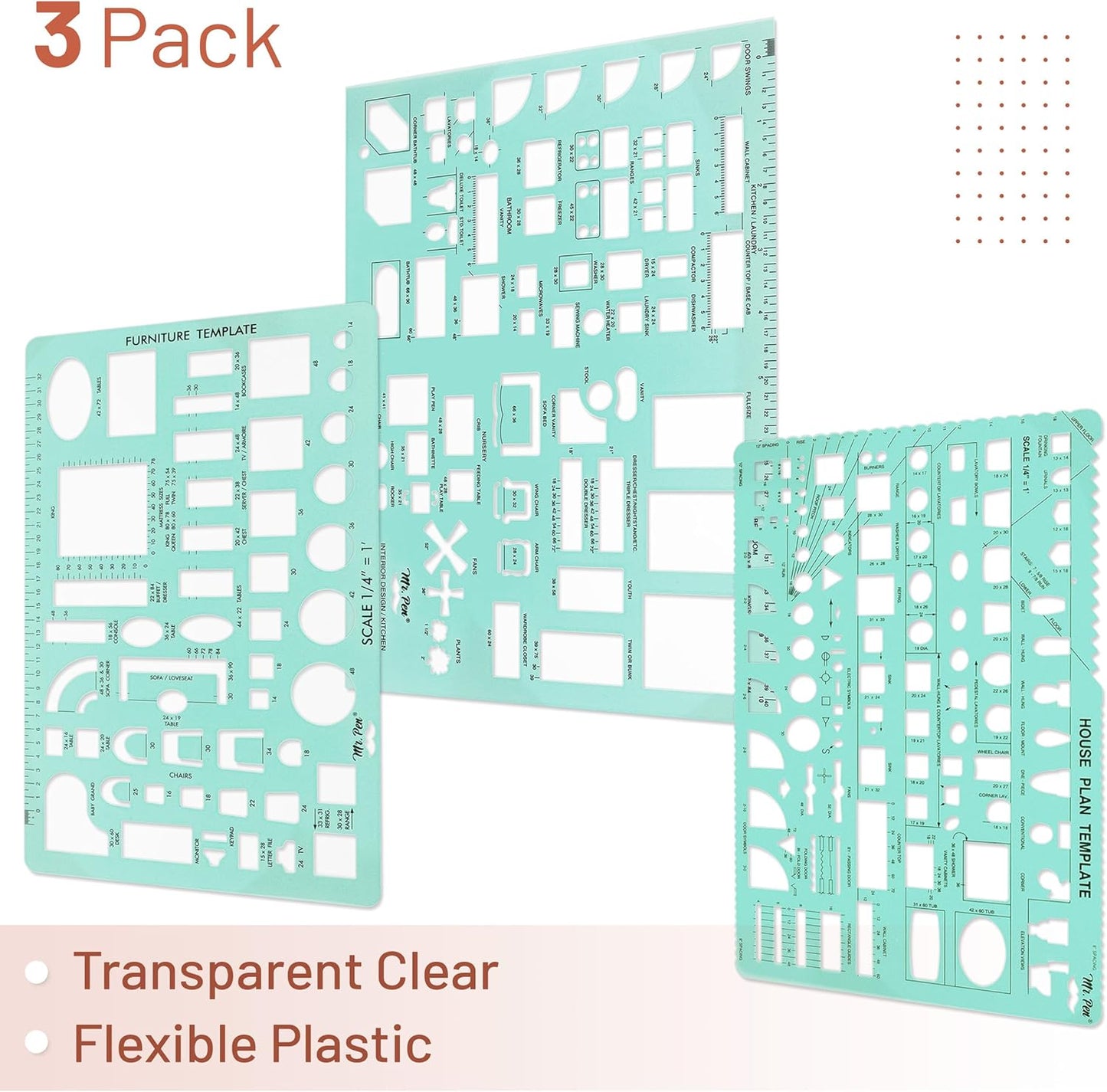 Mr. Pen- House Plan, 3 Pack, Green, Interior Design and Furniture Templates, Drafting Tools and Ruler Shapes for Architecture, Drafting Tools, Architecture Supplies, Drafting Templates