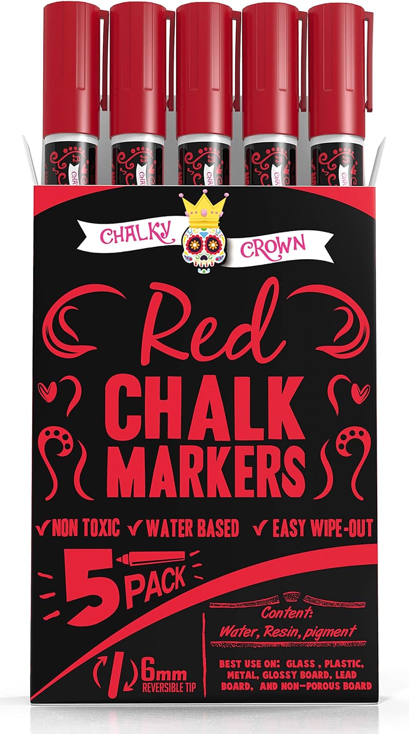 CHALKY CROWN Liquid Chalk Marker Pen - Dry Erase Marker - Chalk Markers for Chalkboard Signs, Windows, Blackboard, Glass - 6mm Reversible Tip (Red, 5 Pack)