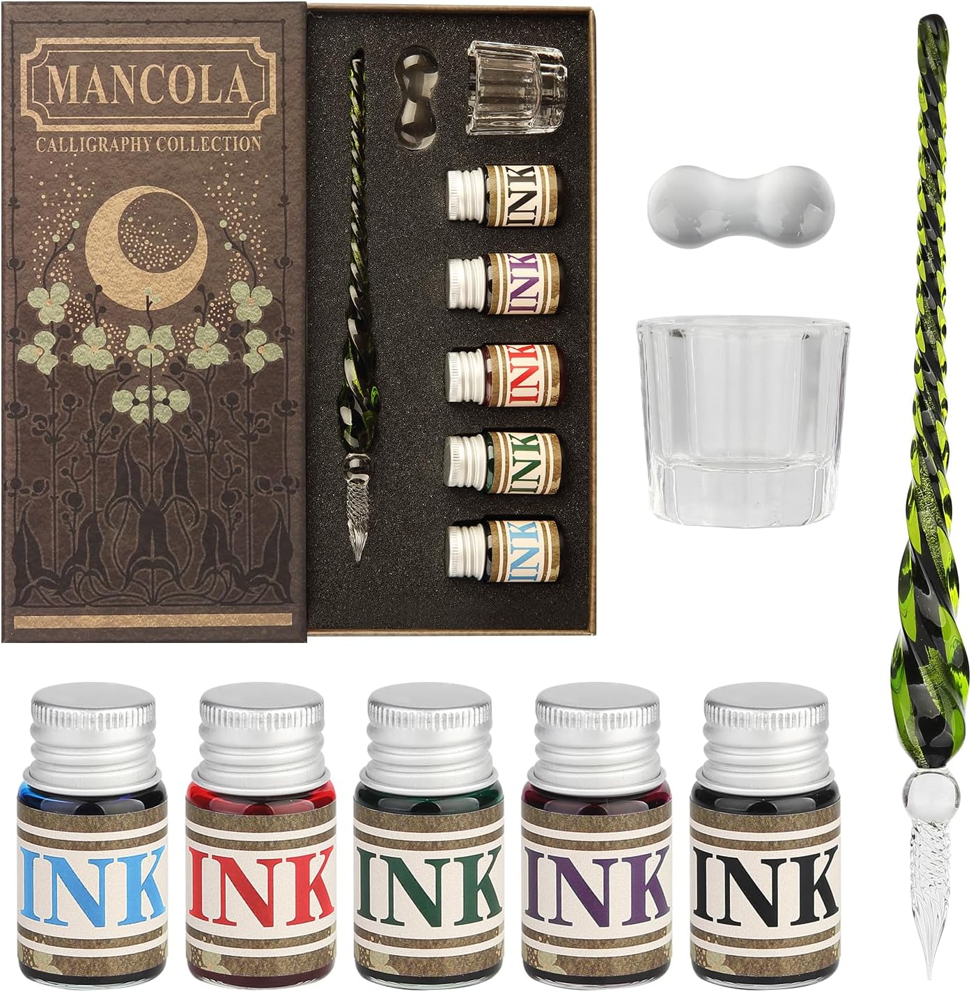 Mancola Glass Dipped Crystal Calligraphy Pen Set with 5 Colorful India Ink, 1 Pen Holder, 1 Cleaning Cup, Ink Drip Tool, Signatures, Drawing, Decoration Kits for Beginners