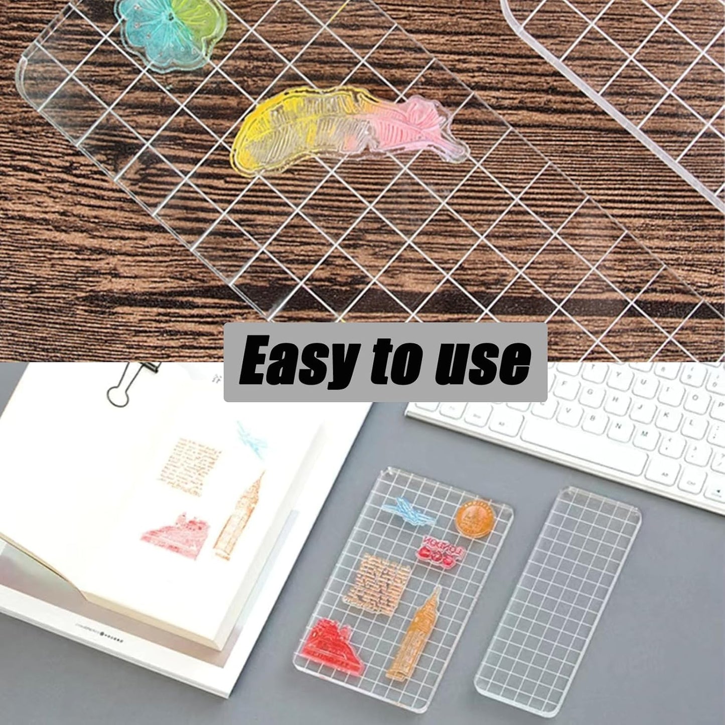 Pine & Linen 6 Pack Clear Stamp Blocks, Acrylic Tools Grid Lines Set, Scrapbooking Crafts for DIY Crafts/Scrapbooking/Card Making/Ornaments/Stamping Projects(Style-2)