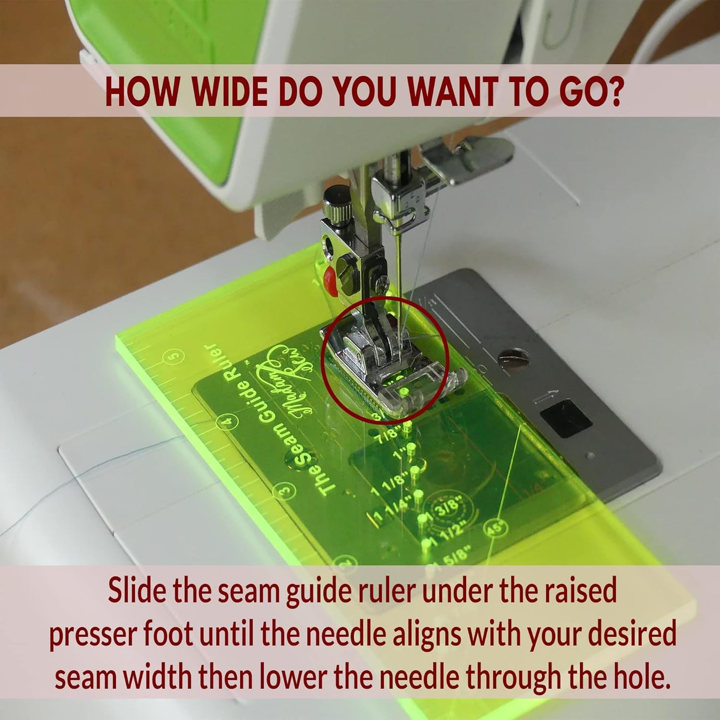 Madam Sew Seam Allowance Ruler and Magnetic Seam Guide for Sewing Machine | Perforated Seam Gauge for Perfect 1/8” to 2” Straight Line Hems | Includes 1/4” Pivot Point and 45 Degree Trim Line