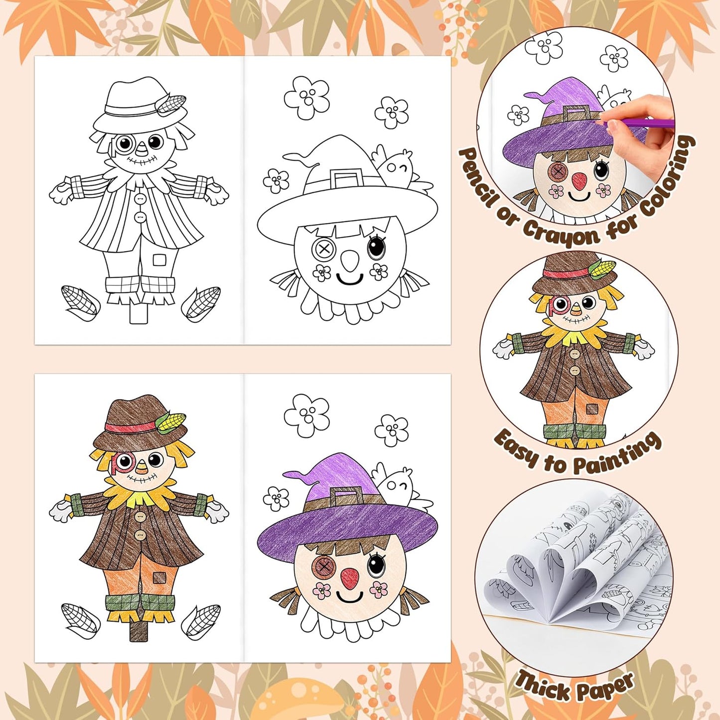 JAPBOR Fall Scarecrow Coloring Books - 24PCS Mini Autumn Scarecrows Color Book Bulk for Kids Party Favors, Thanksgiving Rustic Small Colouring Pages for Birthday Gifts Class Drawing Painting Game