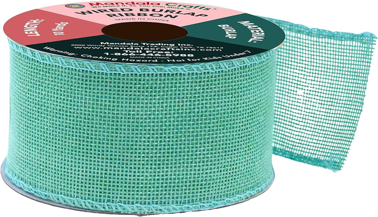 Mandala Crafts Turquoise Burlap Wired Ribbon 2 Inches Wide Jute Ribbons for Crafts - 10 Yds Roll Rustic Burlap Wrap Trim Ribbons for Wreaths Bows Party Decoration