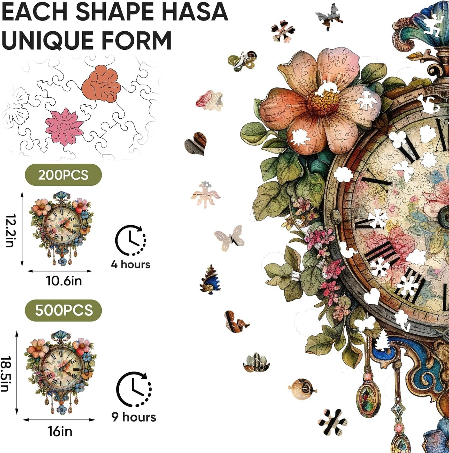 Wooden Jigsaw Puzzles, Flower Clock Wooden Puzzles for Adults 200 Pieces, Unique Shaped Wood Puzzle, Beautiful Package, Best Gift for Adults and Kids, Family Game,12.2'' x 10.6''