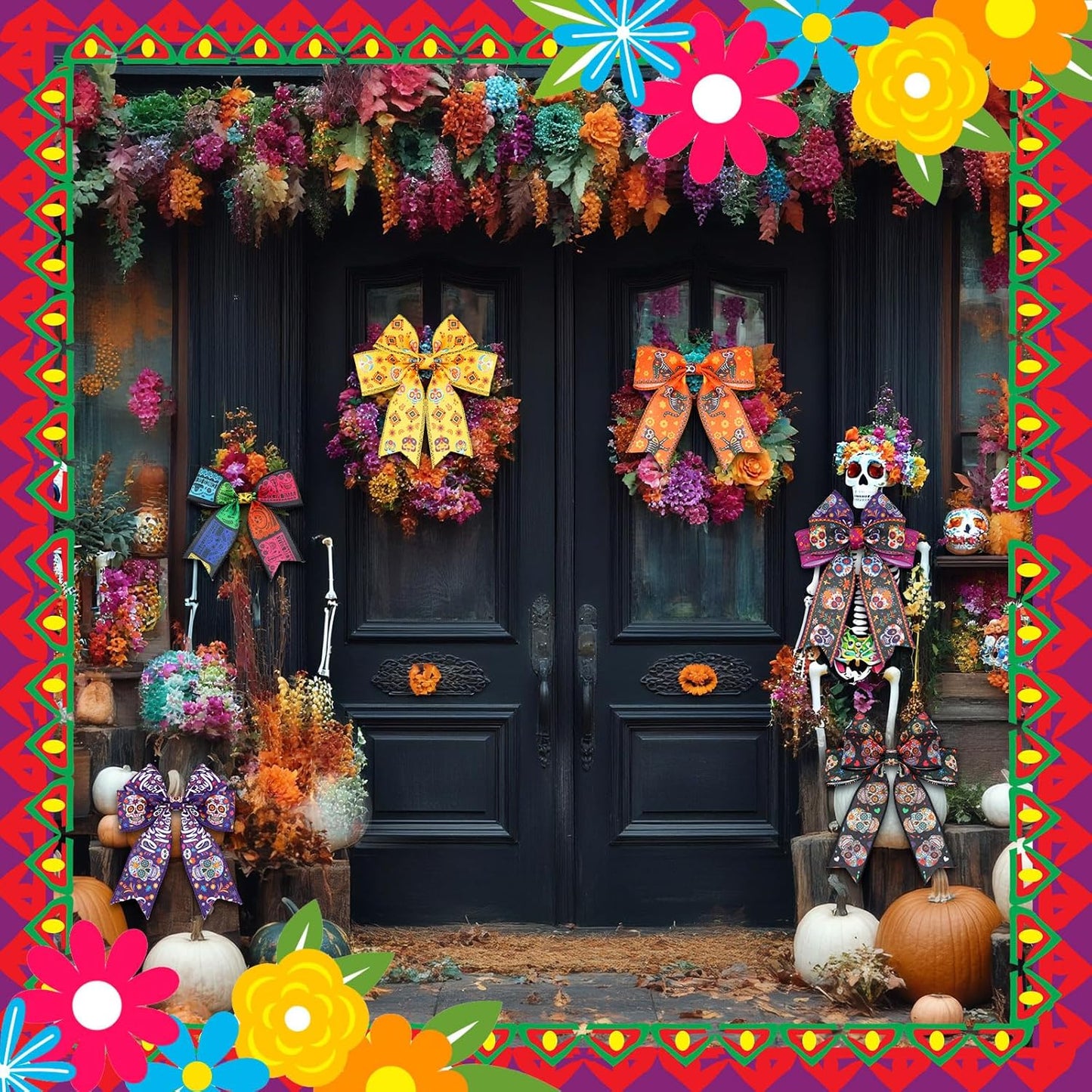 12 Rolls 60 Yards Day of The Dead Wired Edge Ribbons Black Purple Sugar Skull Flower Burlap Ribbon Dia De Los Meurtos Ribbon for Halloween Party DIY Craft Wreath Decor