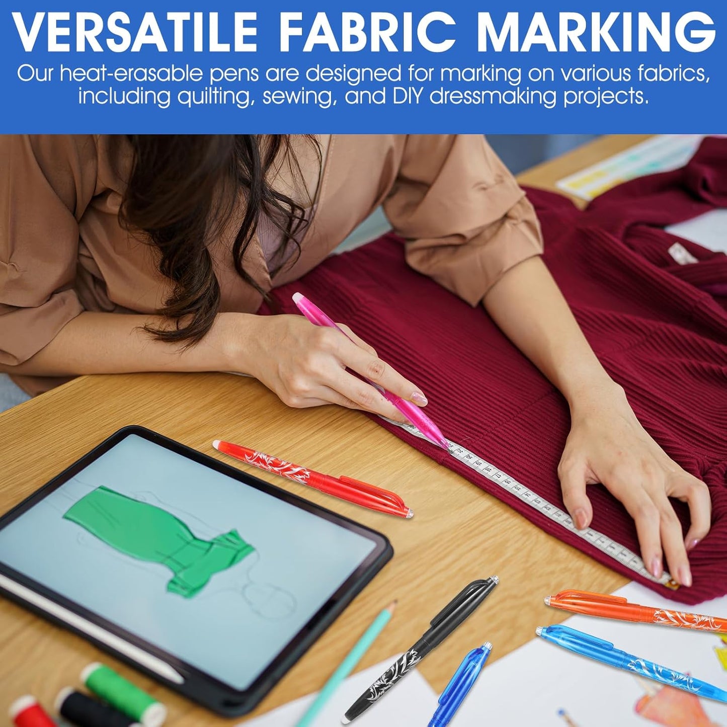 8pcs Heat Erasable Pens for Fabric, Fabric Marking Pens Fabrics Markers No Ghost Lines, Disappearing Ink for Precise Marking for Quilting Sewing Embroidery DIY Dressmaking Fabrics Tailors Chalk