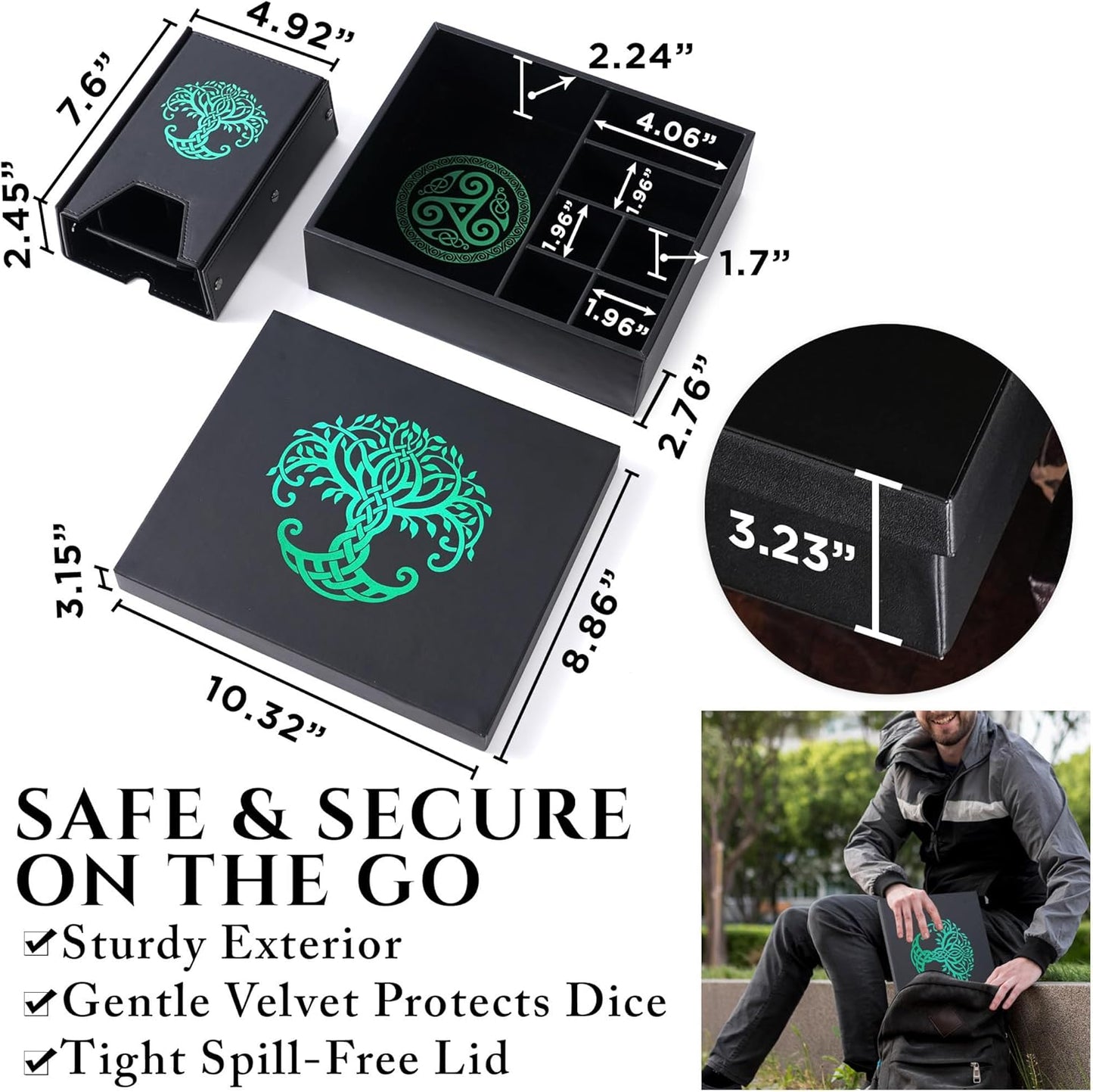 Dice Tray and Dice Tower for DND and RPG - All-in-One Game Roamer Tray & Large Tower for Random Rolls - Stores Your Sets, Mini's and More Compatible with D&D (Green Tree)