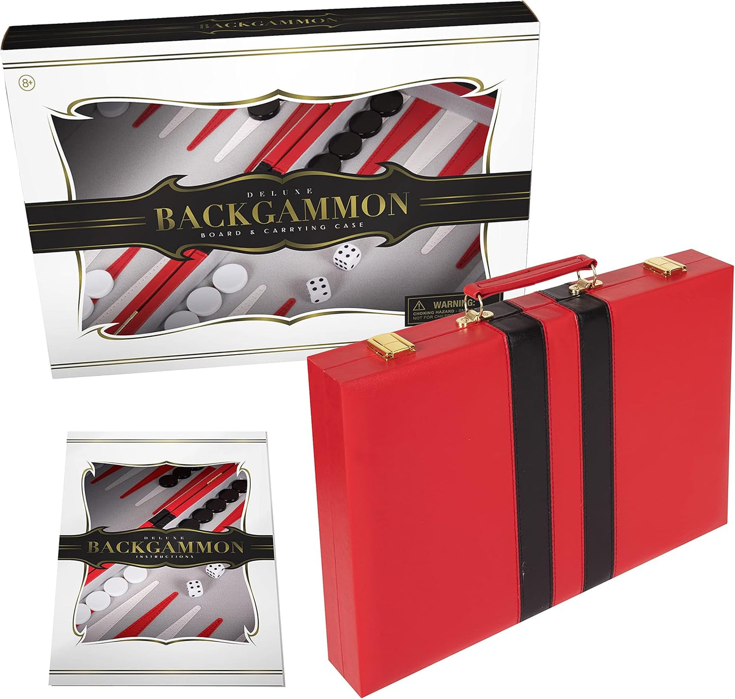 Backgammon Set 15 inch, Medium - Classic Board Game for Adults and Kids with Premium Leather Case - Includes Strategy & Tip Guide (Red)
