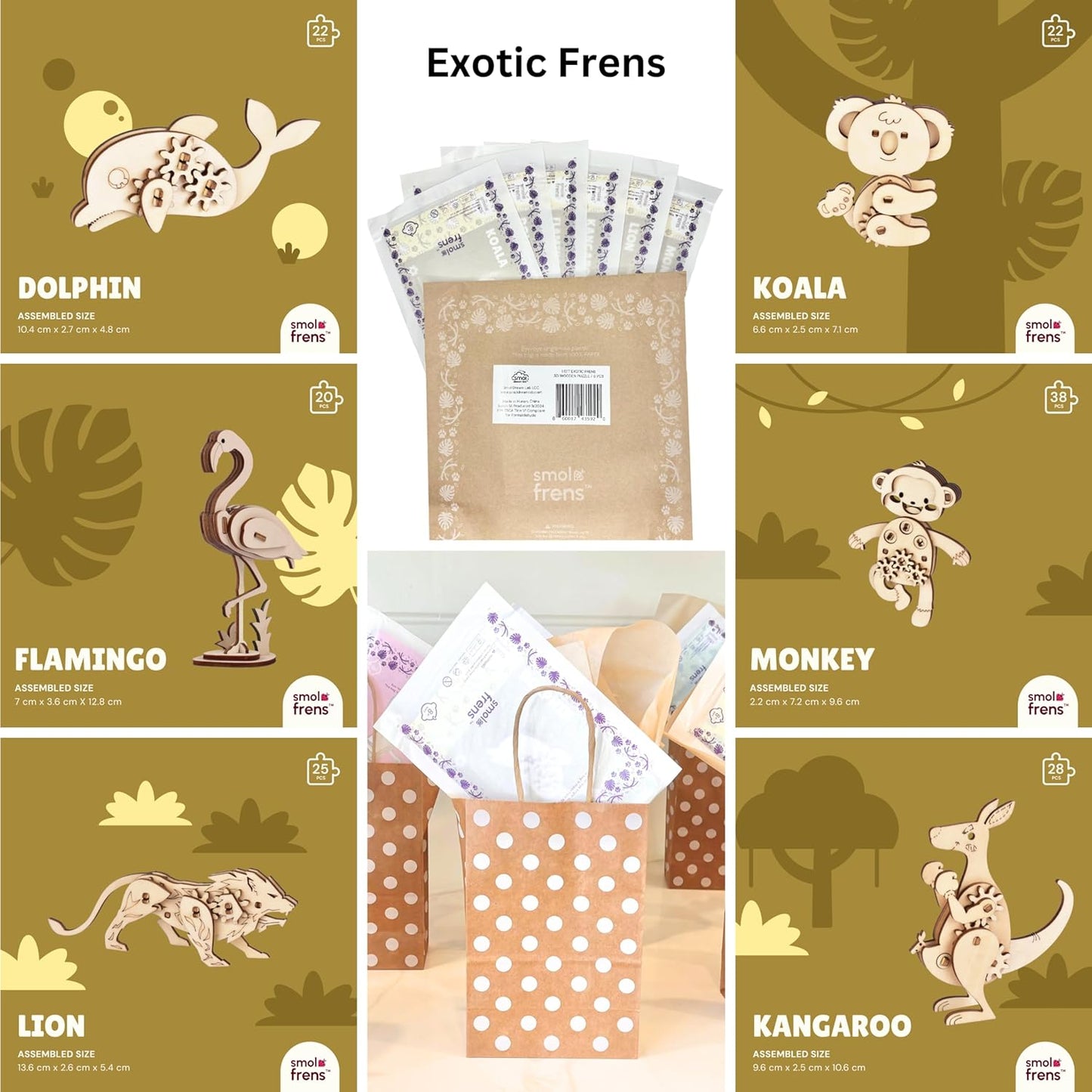 Wooden Animal Puzzles for Ages 8+, 6 Pack 3D Wooden Puzzles, STEM Kits for Kids, Teens, Adults, Wood Crafts Model Kits, STEM Toys, DIY Art Projects, Educational Gifts Toys, Party Favors - Exotic Frens