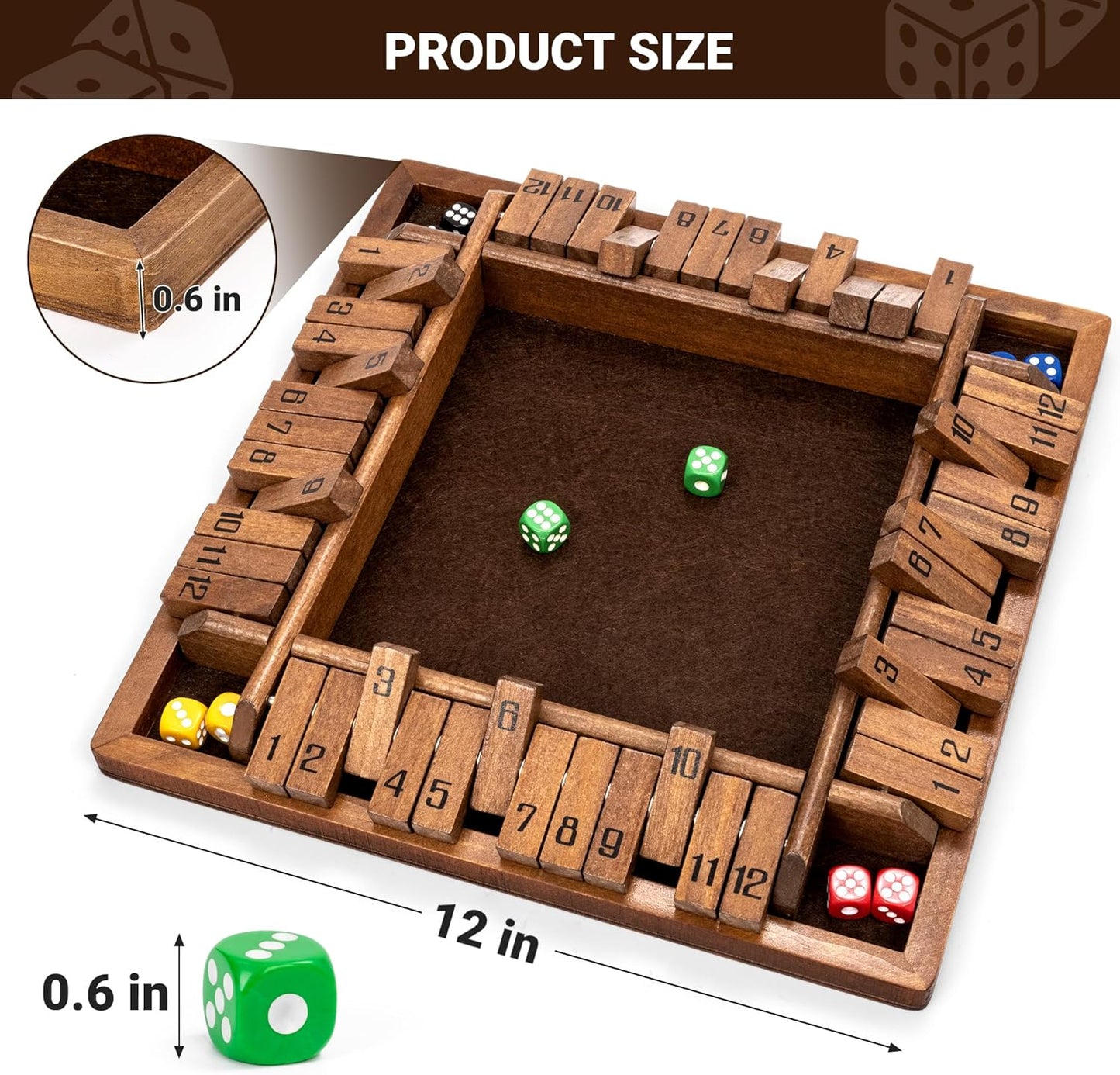 ropoda Shut The Box Game, Upgraded 12 Numbers Wooden Board Games for Adult and Kids, Shut The Box Dice Game -Addition Training, Fun for Family Game Night,Vintage Style