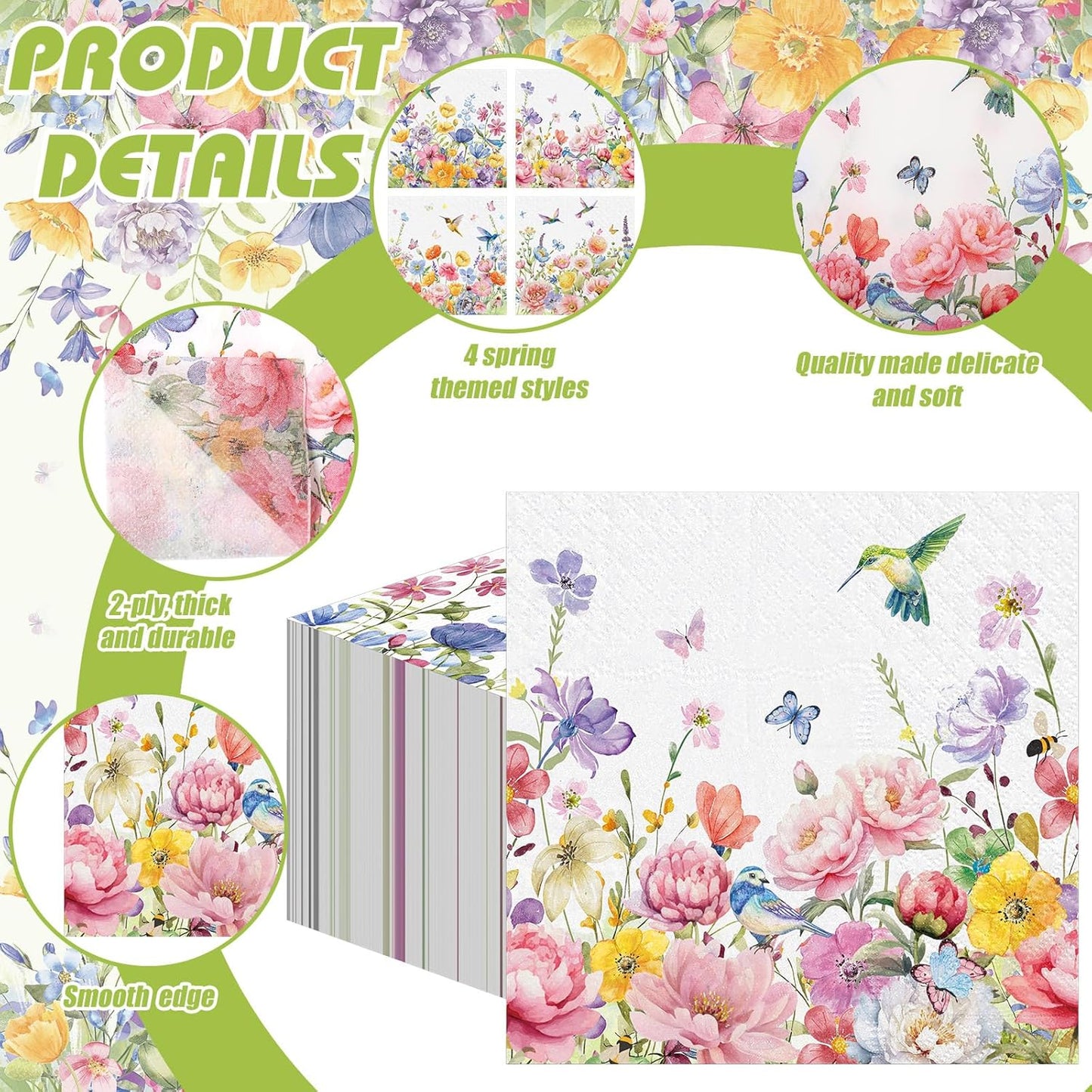 Janlaugh 200 Pcs Summer Floral Cocktail Napkins Disposable 2 Ply Flower Hummingbird Butterfly Dinner Paper Napkins Bulk for Summer Party Favor Supplies