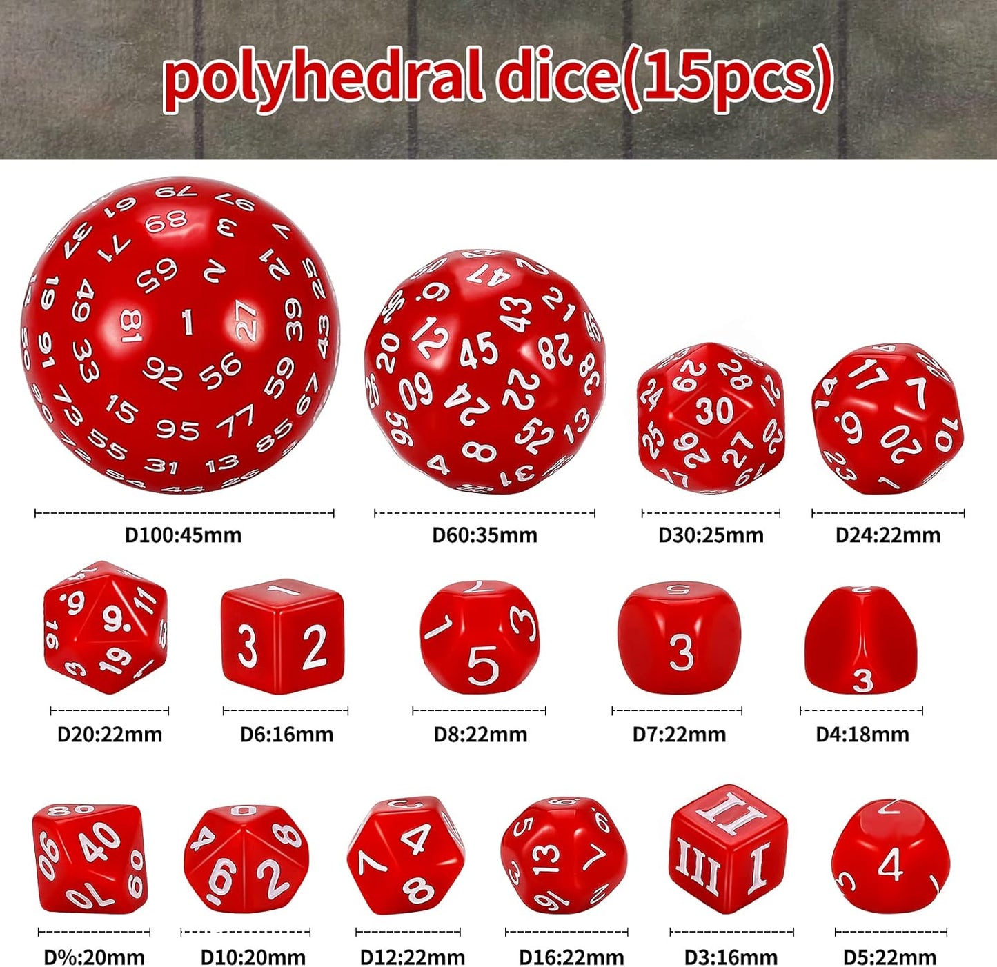 CiaraQ DND Polyhedral Dice Set (15pcs) D4-D100 Game Dice with Dice Bag for Dungeons and Dragons Role Playing Table Games (Red & White)
