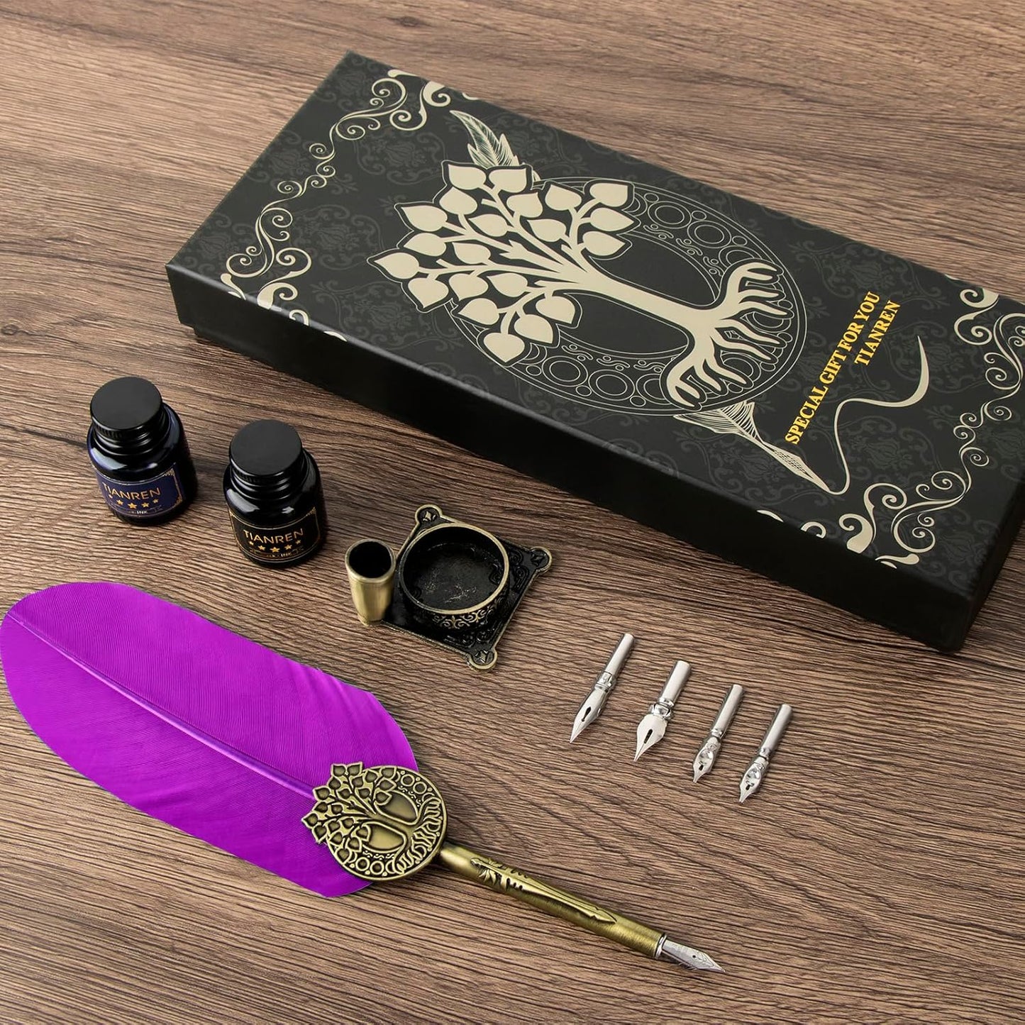 Quill pen ink set,Feather Pen and Ink Set,Antique Calligraphy Pen with 4 Replaceable Nibs,2 Bottle of ink,Feather Dip Pen Holder Christmas Gift for Men&Women.(Purple)
