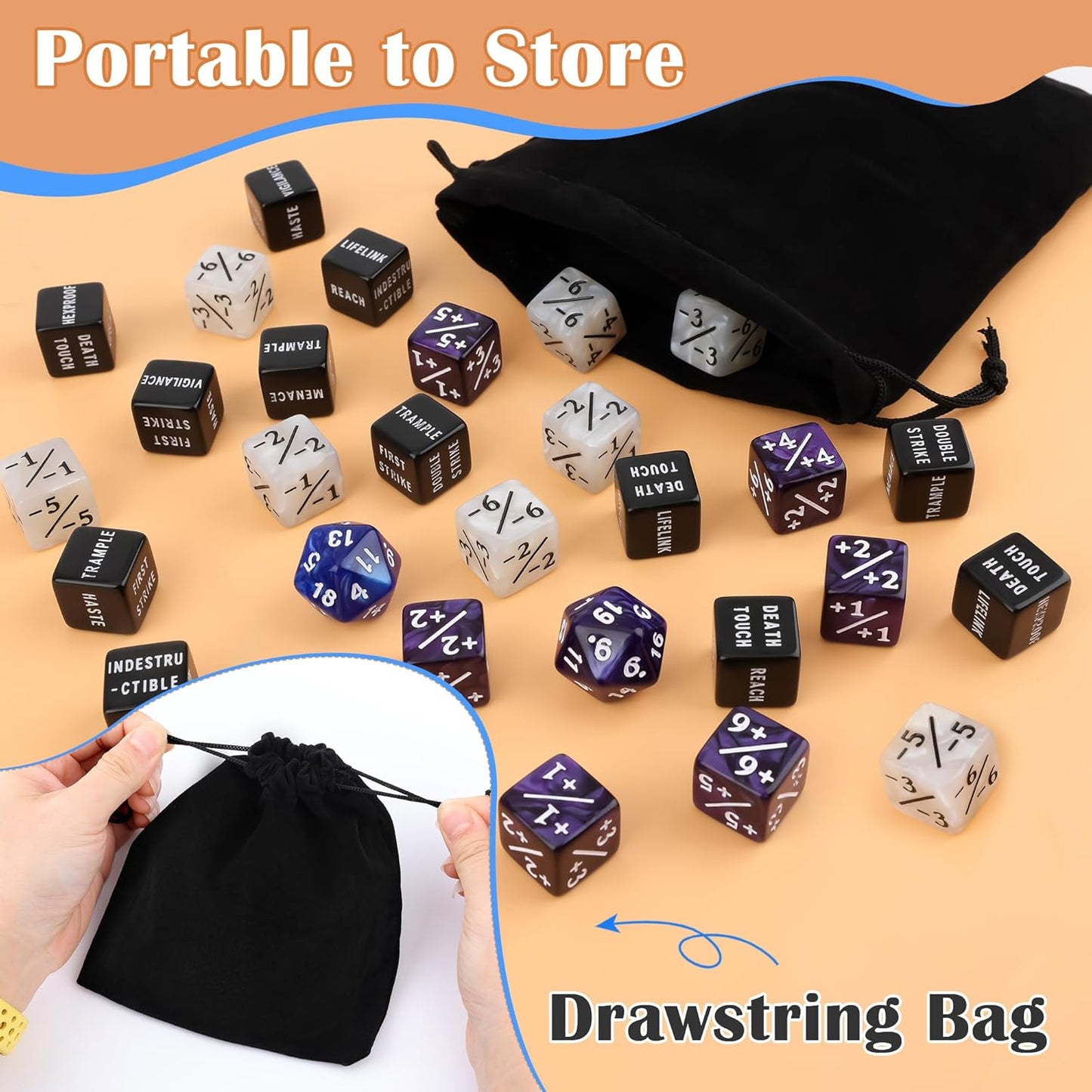 50PCS MTG Dice Counters, 24PCS Abilities Keywords/ 24P -1/+1 Buff Tokens/ 2P D20 Cube Dices/Storage Bag, MTG Counters for TCG Card Games