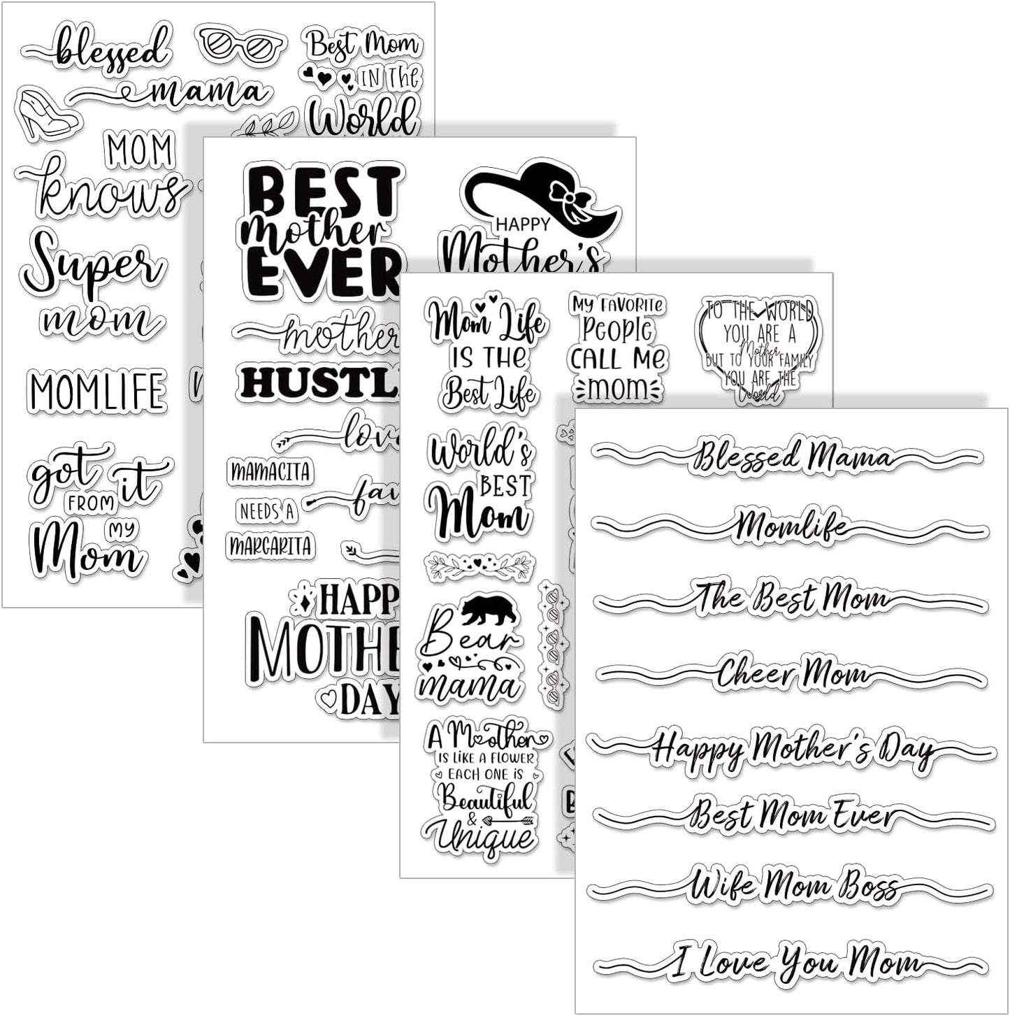 Whaline 4 Sheets Mother's Day Clear Stamps Greeting Words Silicone Transparent Stamps for DIY Craft Card Making Scrapbooking Embossing Album Decor