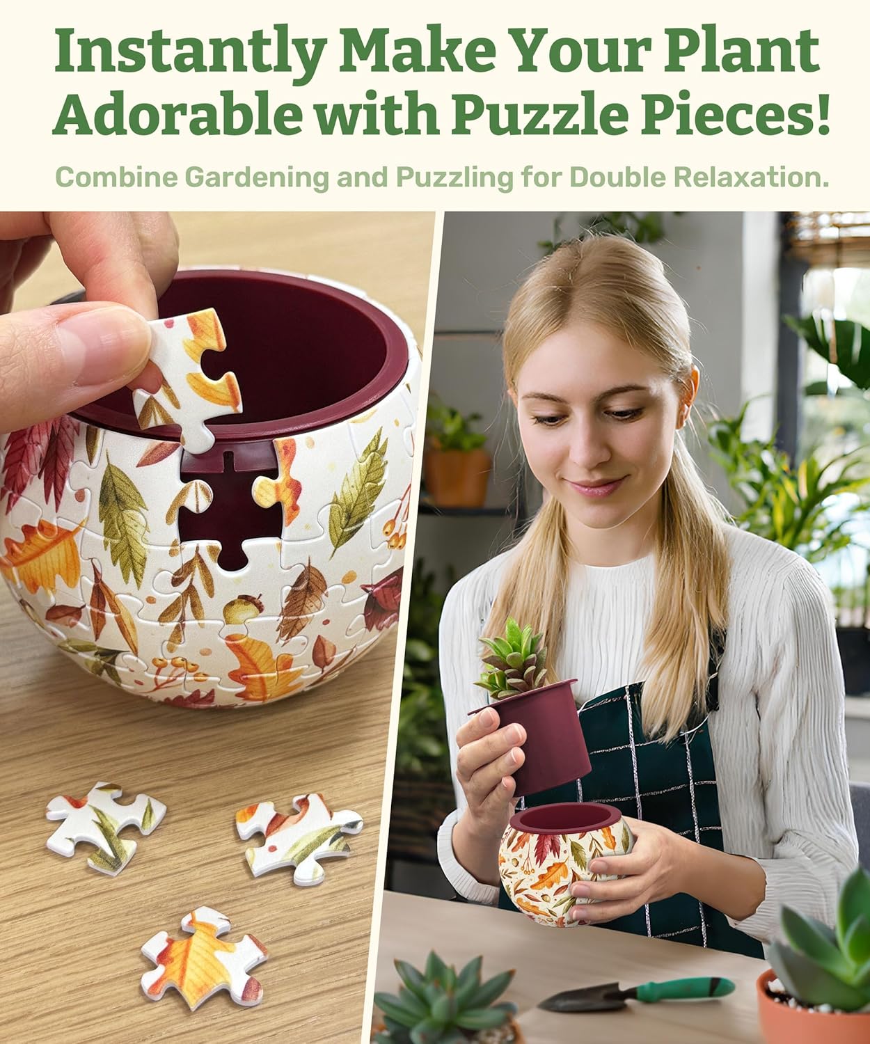 PieceRelax 3D Puzzle Planter 80 Pieces - Flower Pot - Dancing Leaves in Fall, Home Decor Flower Pots for Indoor Cactus, Succulents Pots [K1108]