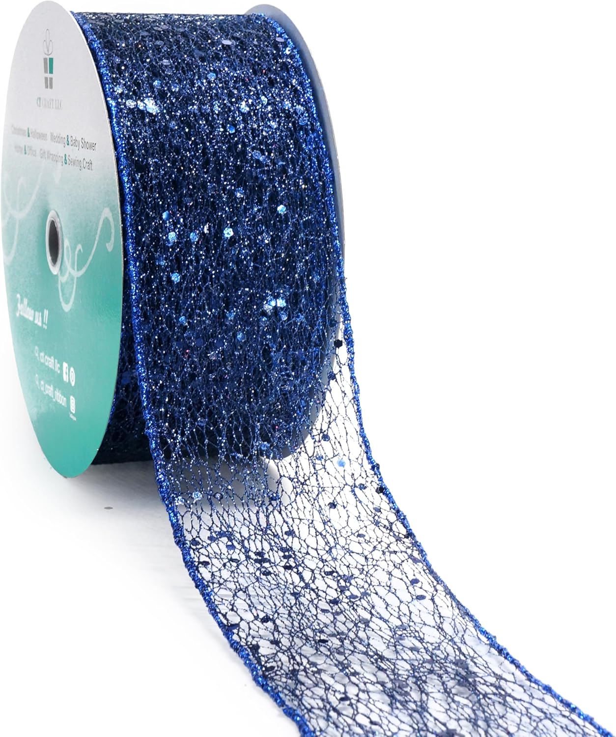 CT CRAFT LLC Sparkling Glitter Mesh Wired Ribbon 2.5" x 20 Yards Blue Navy for Christmas Home Decor Bow Gift Wrapping DIY Crafts Wreath
