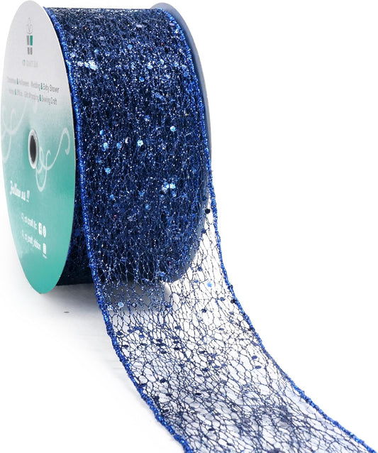 CT CRAFT LLC Sparkling Glitter Mesh Wired Ribbon 2.5" x 20 Yards Blue Navy for Christmas Home Decor Bow Gift Wrapping DIY Crafts Wreath