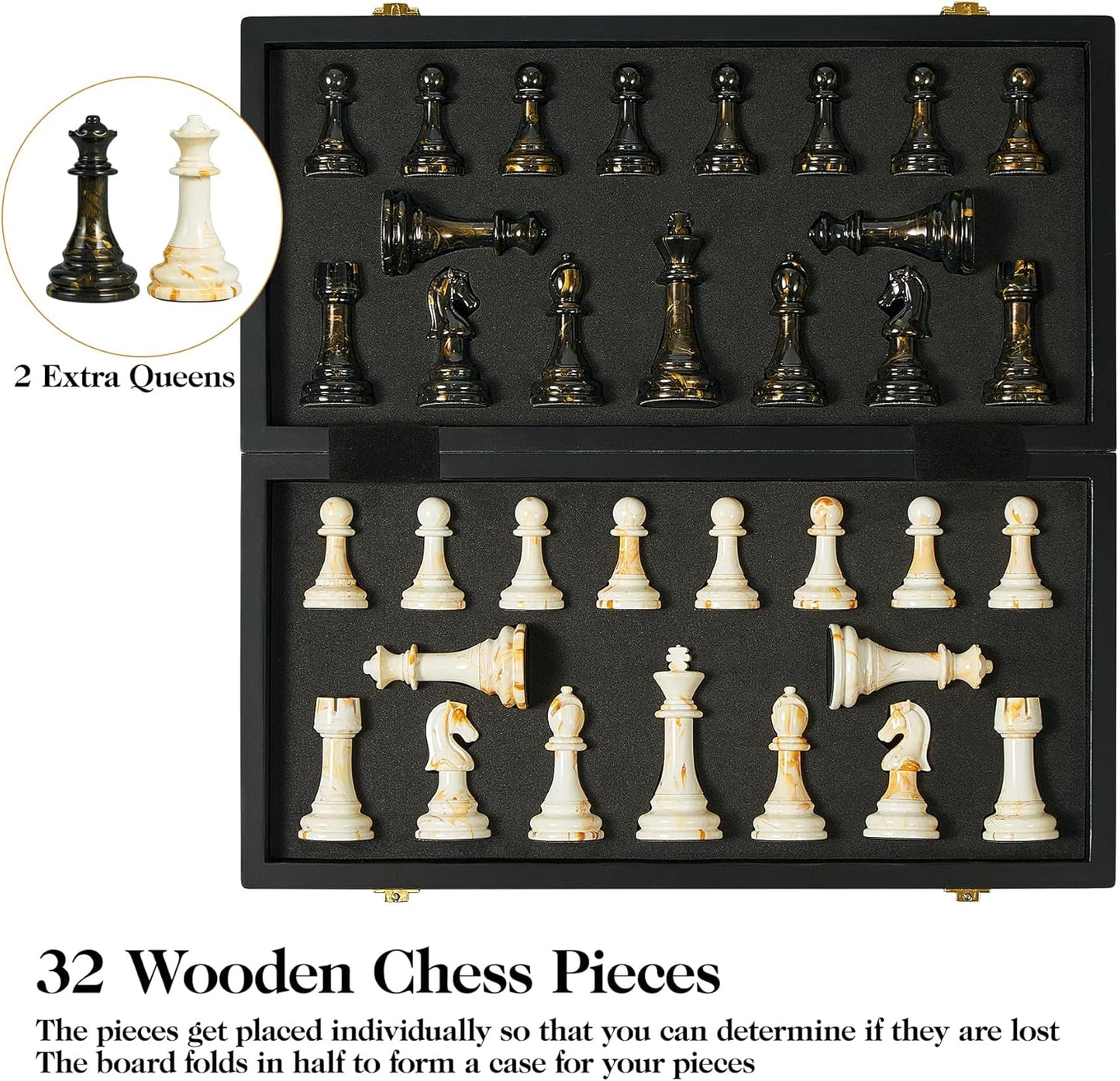 15" Large Chess Set for Adults- Weighted Acrylic Pieces Including Extra 2 Queens, 3.5" King w/Leather Base, Portable Folding Marbling Wooden Chess Board - Travel/Family Game & Elegant Gift