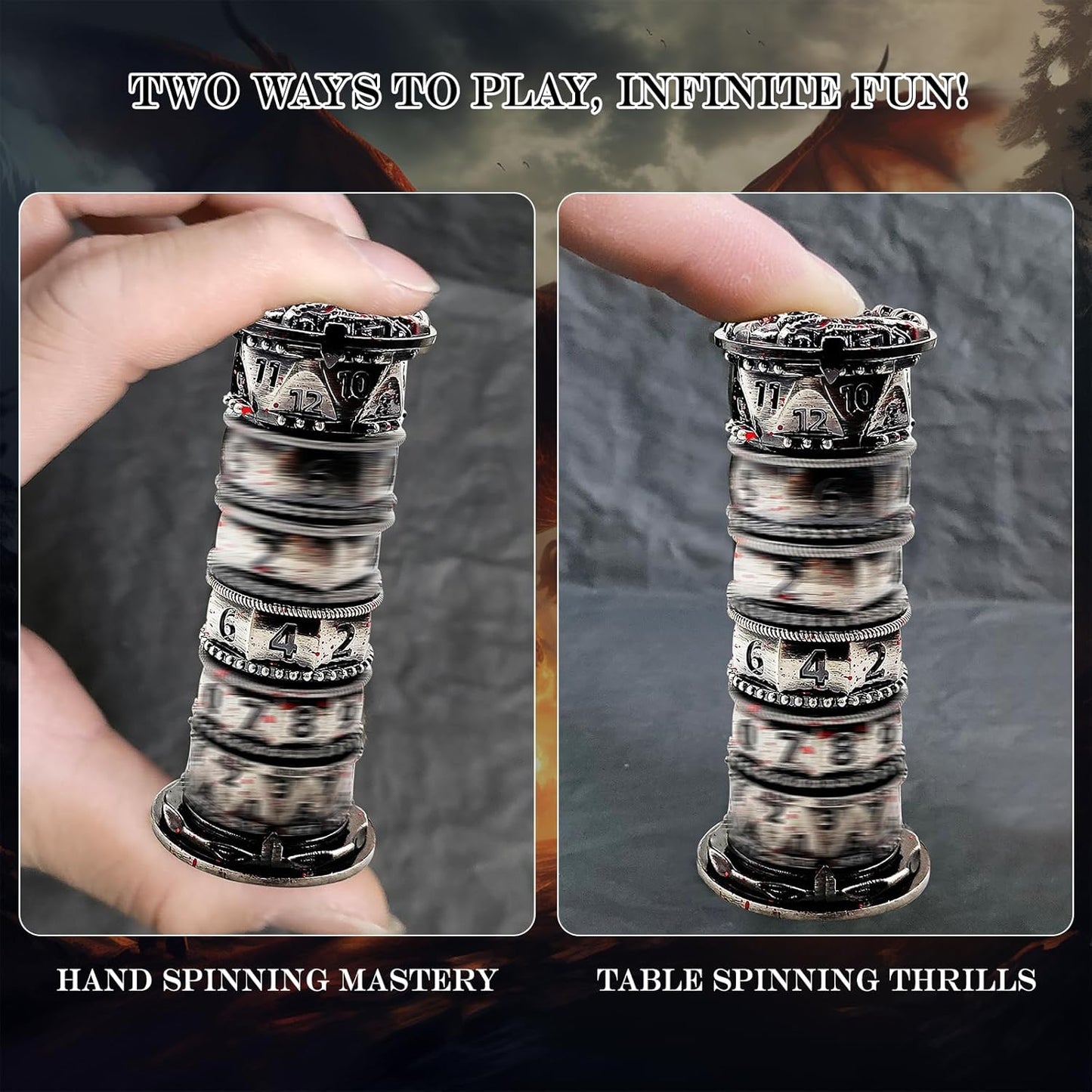 DND Dice Spinner Tower Set - Unique D4 D6 D8 D10 D10% D12 D20 All in One D&D Metal Dice - Cool Role Playing Gifts for Dungeons and Dragons TRPG MTG Games Lover Players (Tower-Bloodstained)