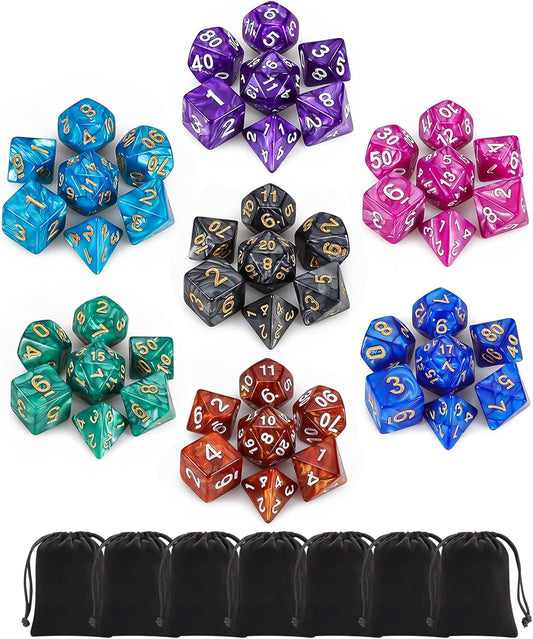 QMay Polyhedral Dice Set - 7 x 7 (49 Pieces) DND Dice with 7PCS Black Drawstring Bags Great for Dungeons and Dragons, RPG, MTG,Role Playing Table Games D4 D6 D8 D10 D% D12 D20