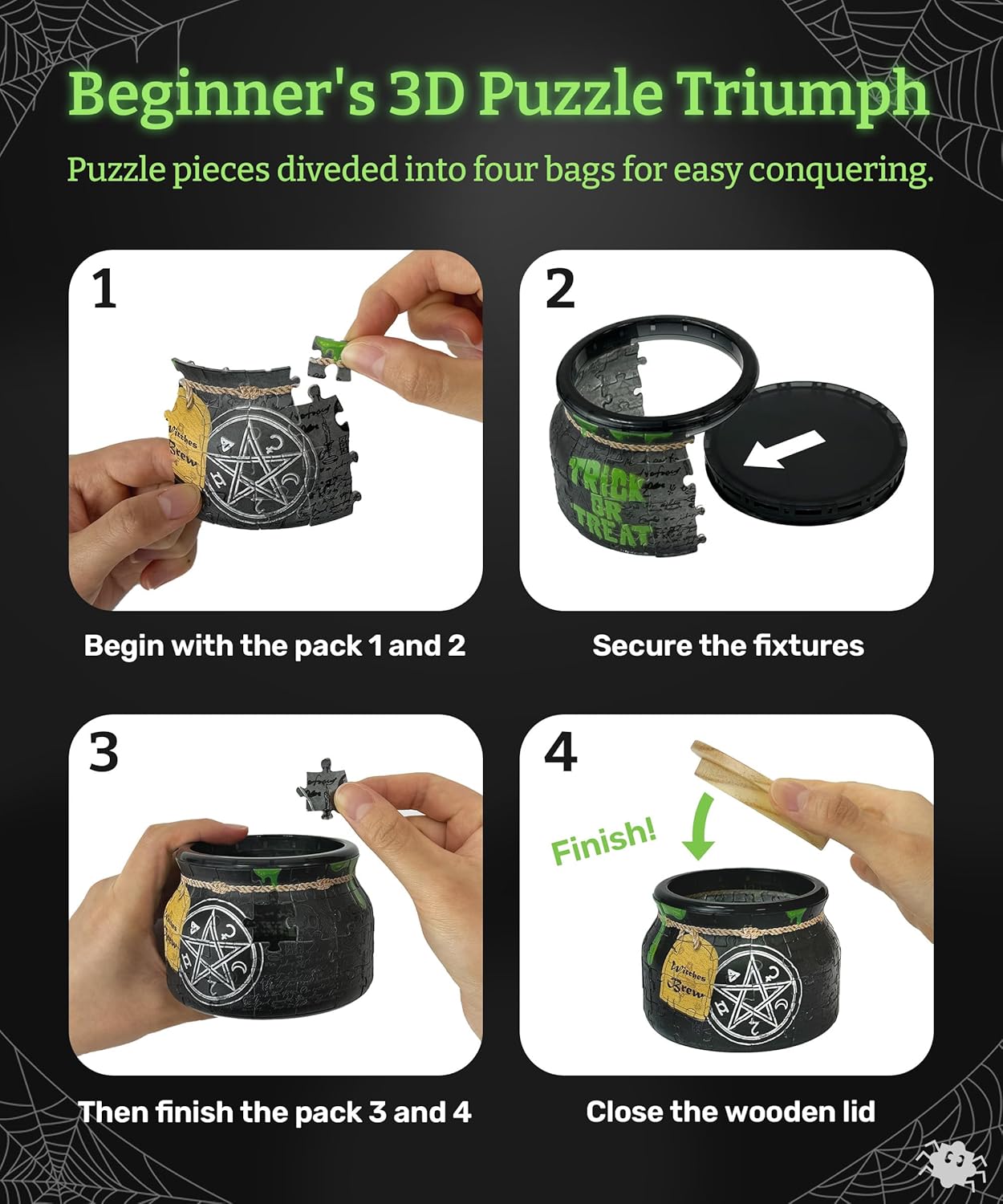 PieceRelax 3D Puzzle Jar 64 Plastic Pieces for Adults - Witches Brew - Wooden Lid Container for Kitchen Dining Study Living Room No Glue Requied Small [BC1022]