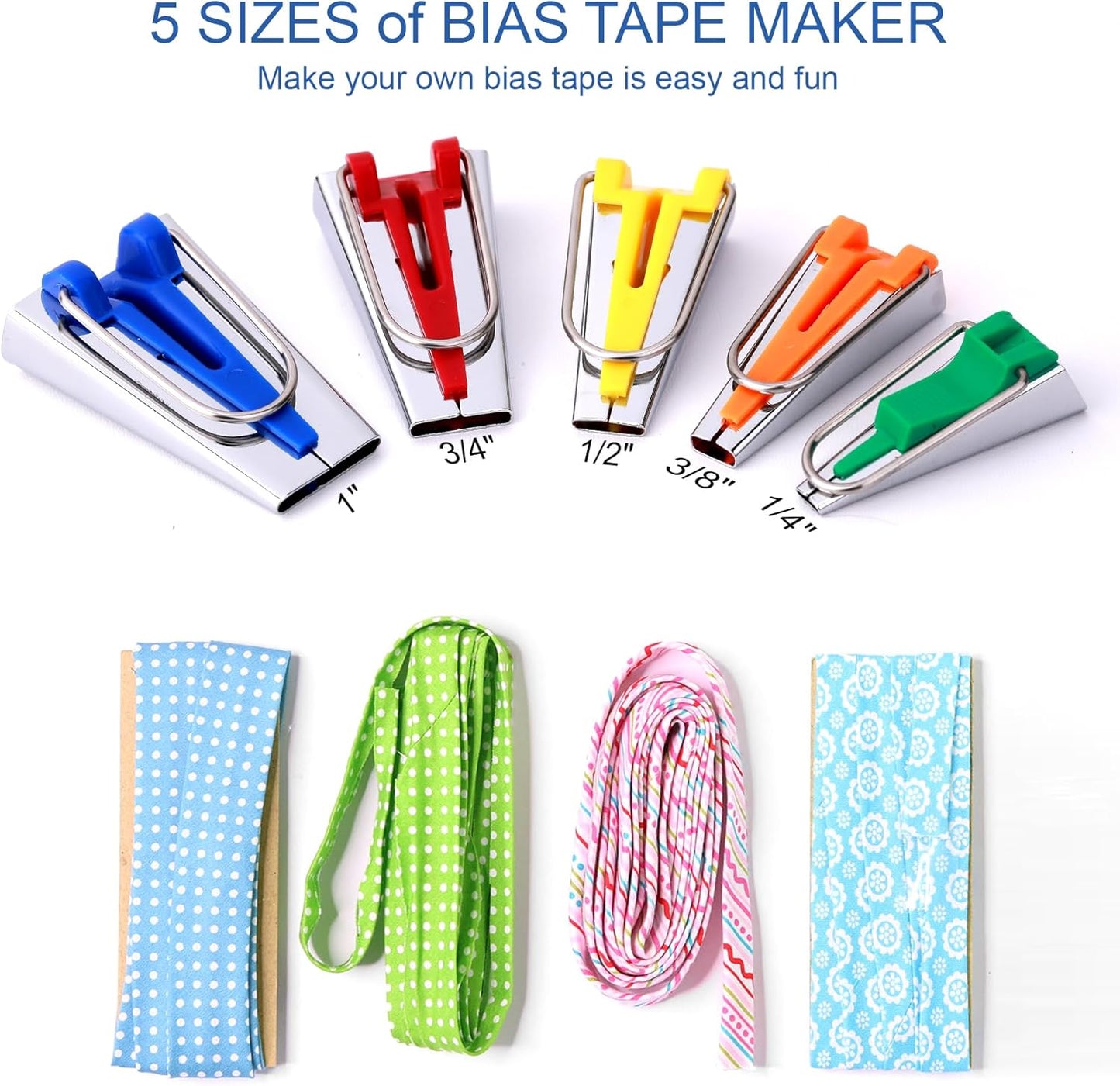 Jeimier 5 Sizes Bias Tape Makers, Upgraded Bias Binding Tape Making Tool for Fabric Quilting Sewing, Quickly Customize, Solidly Bias Quilting Tool, 1/4IN 3/8IN 1/2IN 3/4IN 1IN