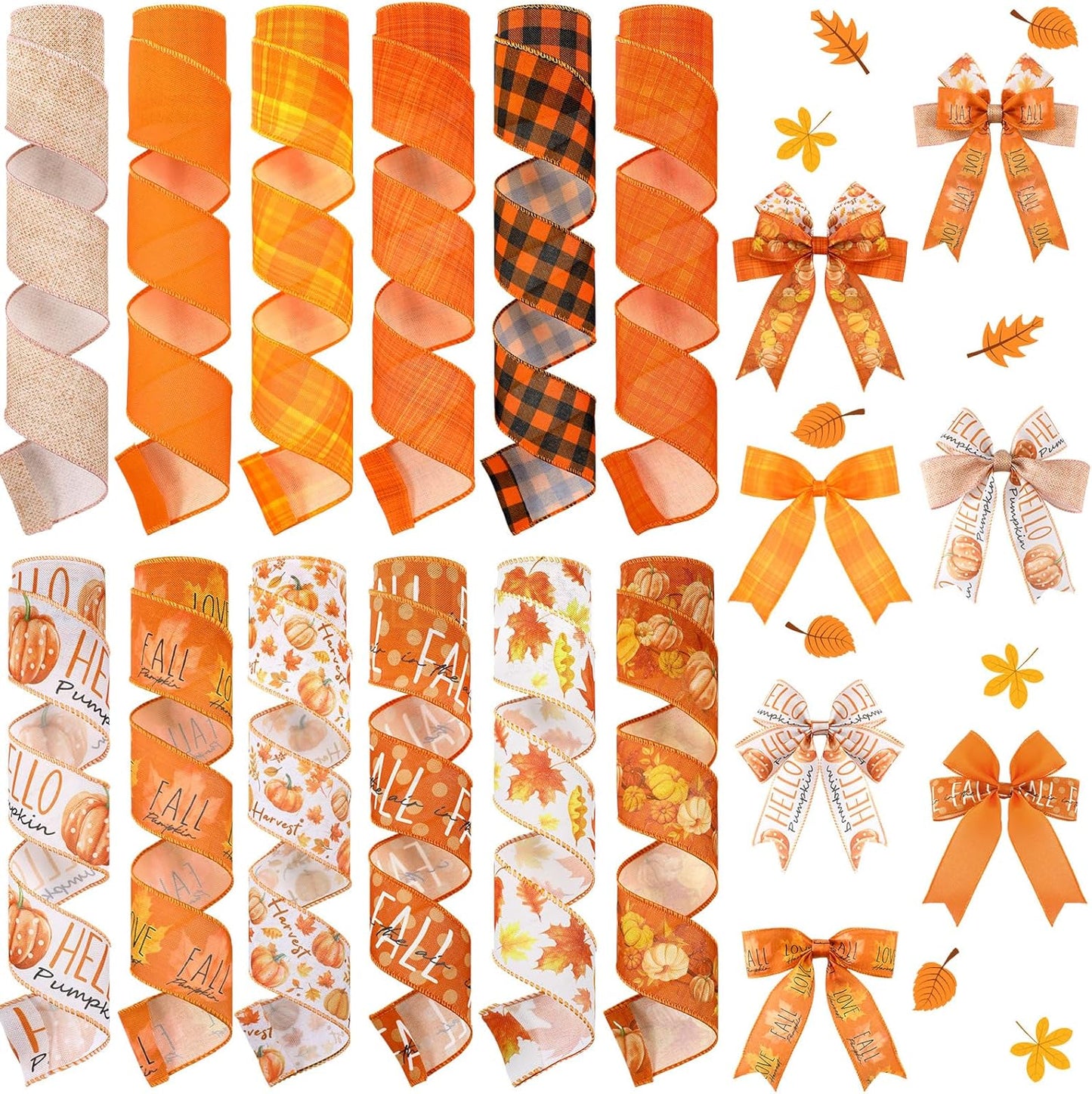 12 Rolls Fall Wired Edge Ribbon for Wreaths 2 Inch x 60 Yards Maple Leaves Pumpkin Burlap Ribbon Thanksgiving Plaid Crafts for Autumn Harvest Party Decoration Supplies, 12 Styles