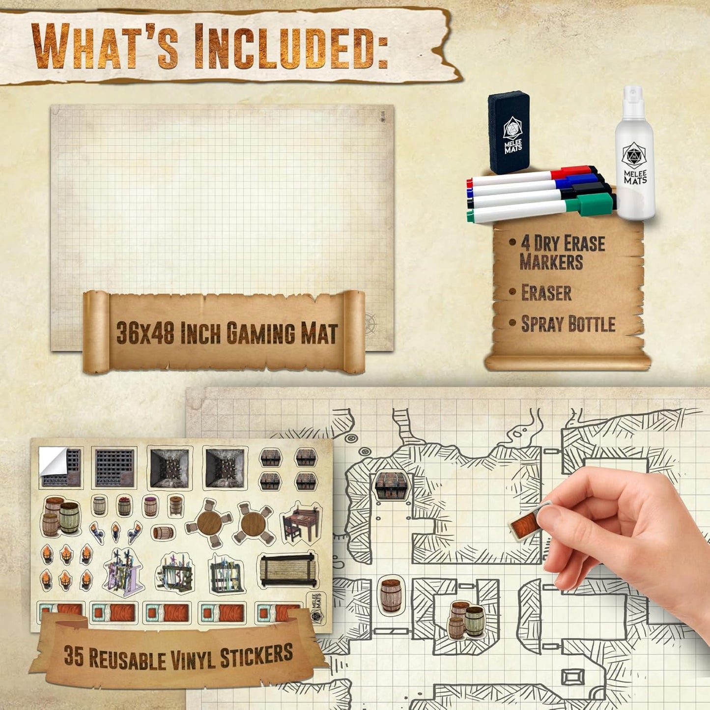 Melee Mats DND Map Starter Kit for Dungeons & Dragons Game - 35” x 48", Wet/Dry Erase Battle Terrain Grid - Ultimate Tabletop Gaming Experience with Accessories