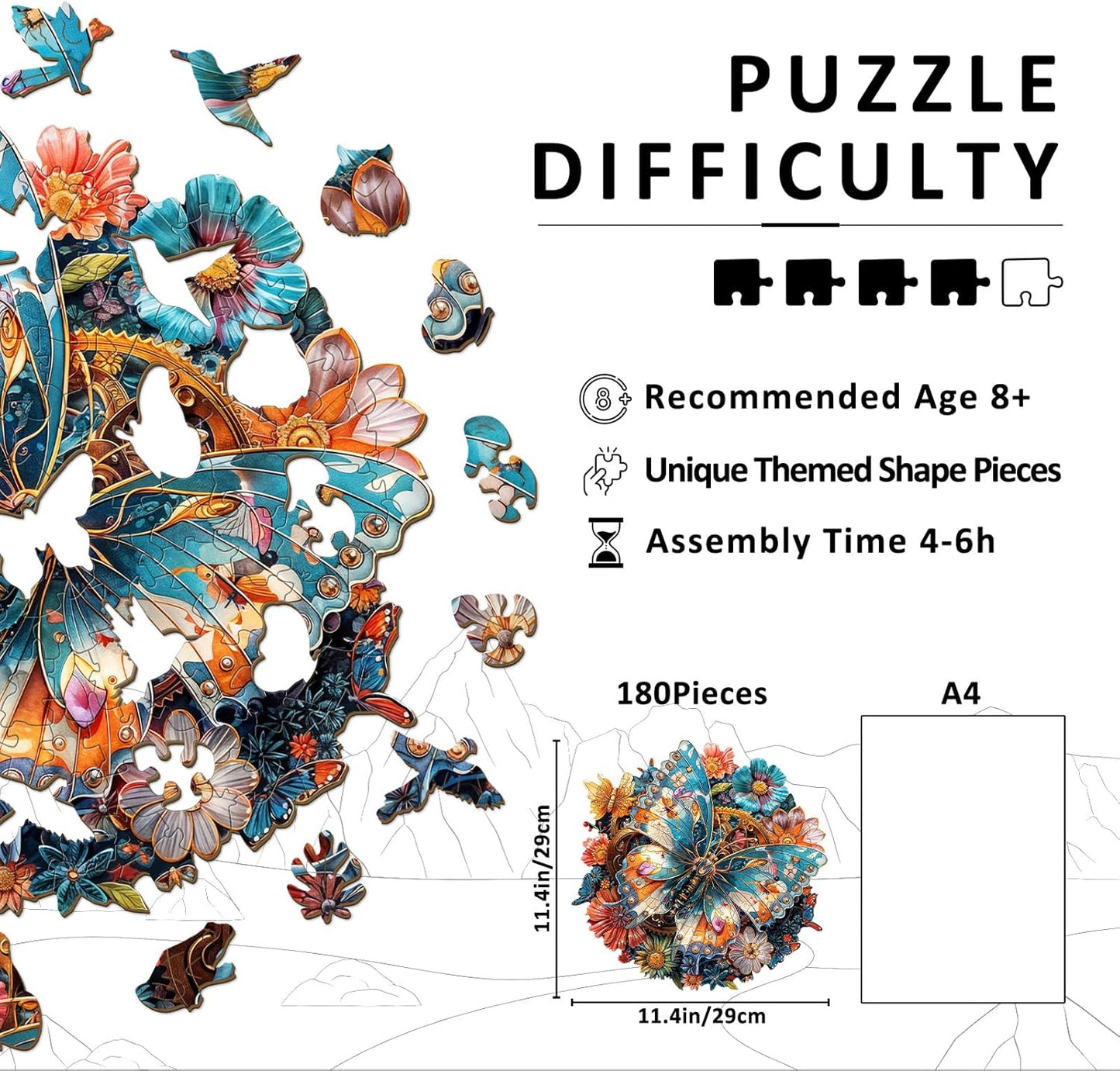 Wooden Puzzles for Adults - Mechanical Butterfly Wood Puzzles Adult - Unique Animal Shape Wooden Jigsaw Puzzles for Adults - Birthday Gifts for Puzzle Lovers, Family (11.4 * 11.4in)