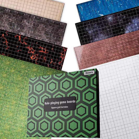 Hexers Role-Playing Game Board Mat, Square Grid Terrains, 8 Different terrains, Compatible with Dungeons and Dragons DND Pathfinder RPG, 27 on 23 inches, 1 inch Squares, Foldable & Dry Erase