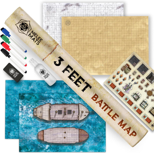 Melee Mats DND Map Starter Kit - 24” x 36" 2 Pack Double Sided, Wet/Dry Erase Battle Terrain Grid - Ultimate Tabletop Board Gaming Experience with Accessories