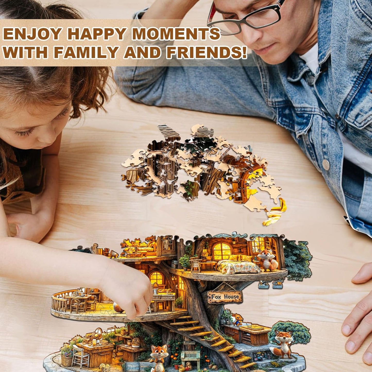 WOODBESTS Wooden Puzzles for Adults (195 Piece, M, 11.4 * 11.4in) Fox House Wood Puzzle Adult, Unique Wooden Animal Jigsaw Puzzles, Family Game and Birthday Gifts for Friend