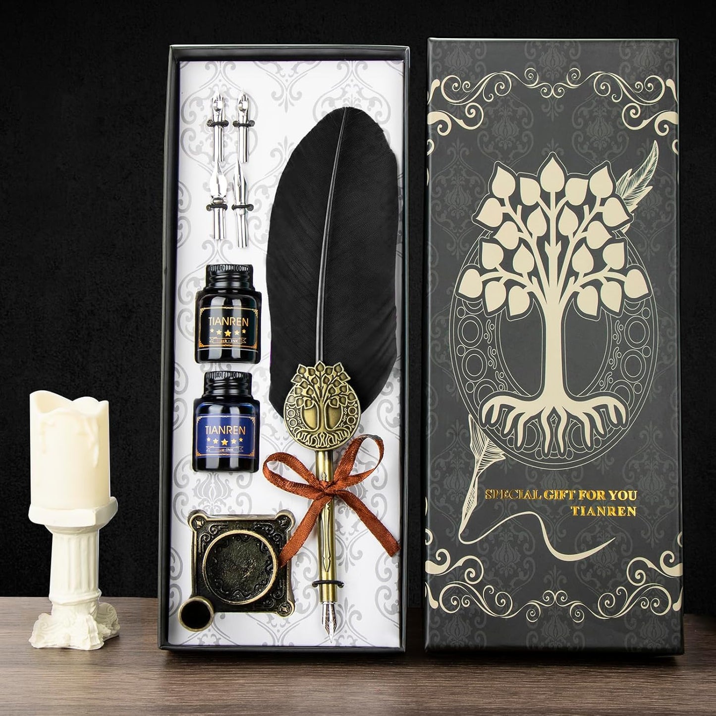 Quill pen ink set,Feather Pen and Ink Set,Antique Calligraphy Pen with 4 Replaceable Nibs,2 Bottle of ink,Feather Dip Pen Holder Christmas Gift for Men&Women.(Black)