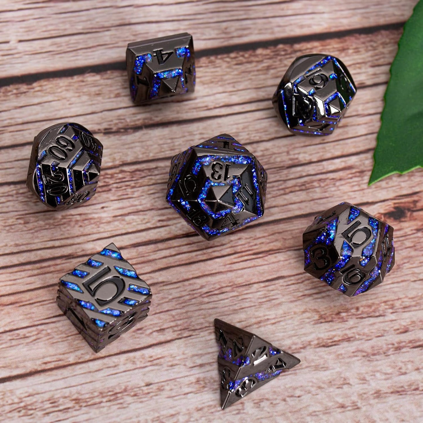 Metallic Glitter Stripes D&D Dice Set,7 PCS Polyhedral Dice with Gift,RPG Metal Dice Set Dungeons and Dragons Tabletop Game (Black Nickel Sapphire Blue)