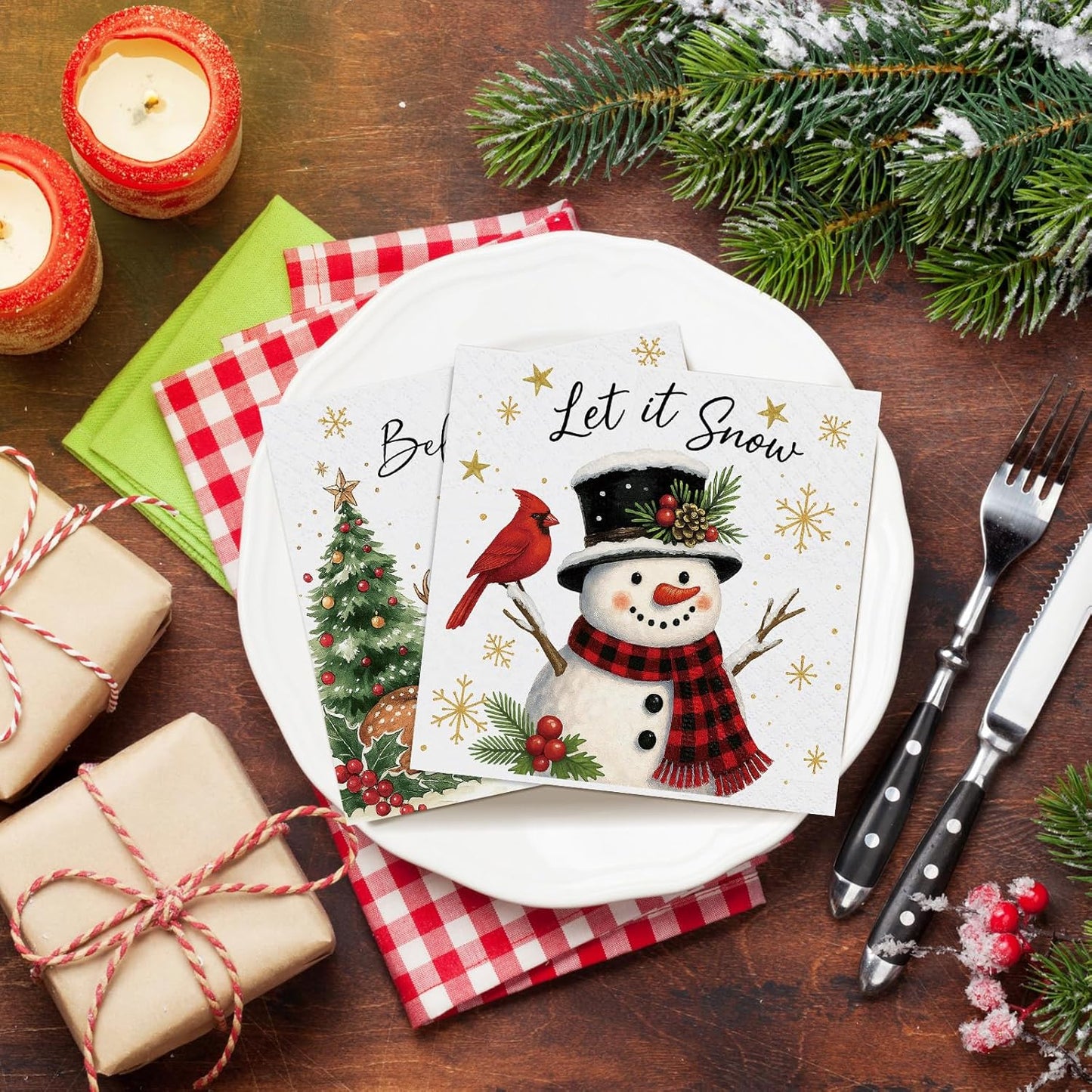 Janlaugh 200 Pcs Christmas Paper Cocktail Napkins Disposable 2 Ply Xmas Style Decoupage Beverage Napkins for Xmas Holiday Winter Dinner Table Decor (Classic Style)