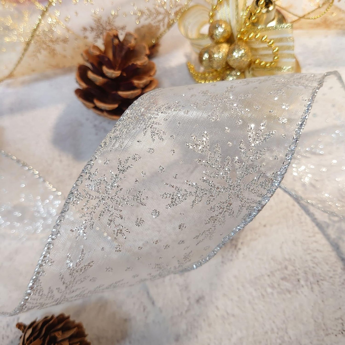 CT CRAFT LLC Organza with Silver Glitter Snowflakes Wired Ribbon 2.5 inch x 50 Yards for Christmas Home Decor Tree Topper Bow Gift Wrapping DIY Crafts Wreath Garland Wedding