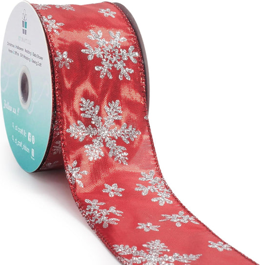 CT CRAFT LLC Red Metallic with Silver Glitter Snowflake Wired Ribbon 2.5 Inch x 25 Yards for Christmas Home Decor Tree Topper Bow Gift Wrapping DIY Crafts Wreath Garland