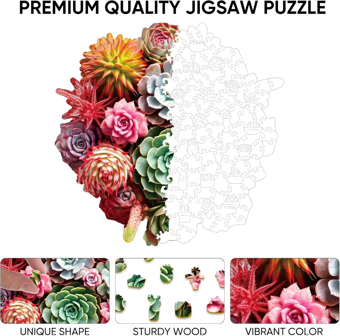 Wooden Puzzles for Adults 500 Piece, Colorful Succulent Puzzle for Mom, Challenging Puzzle, Luxurious Shaped Wooden Puzzles for Family Game 16.7 * 16.3in