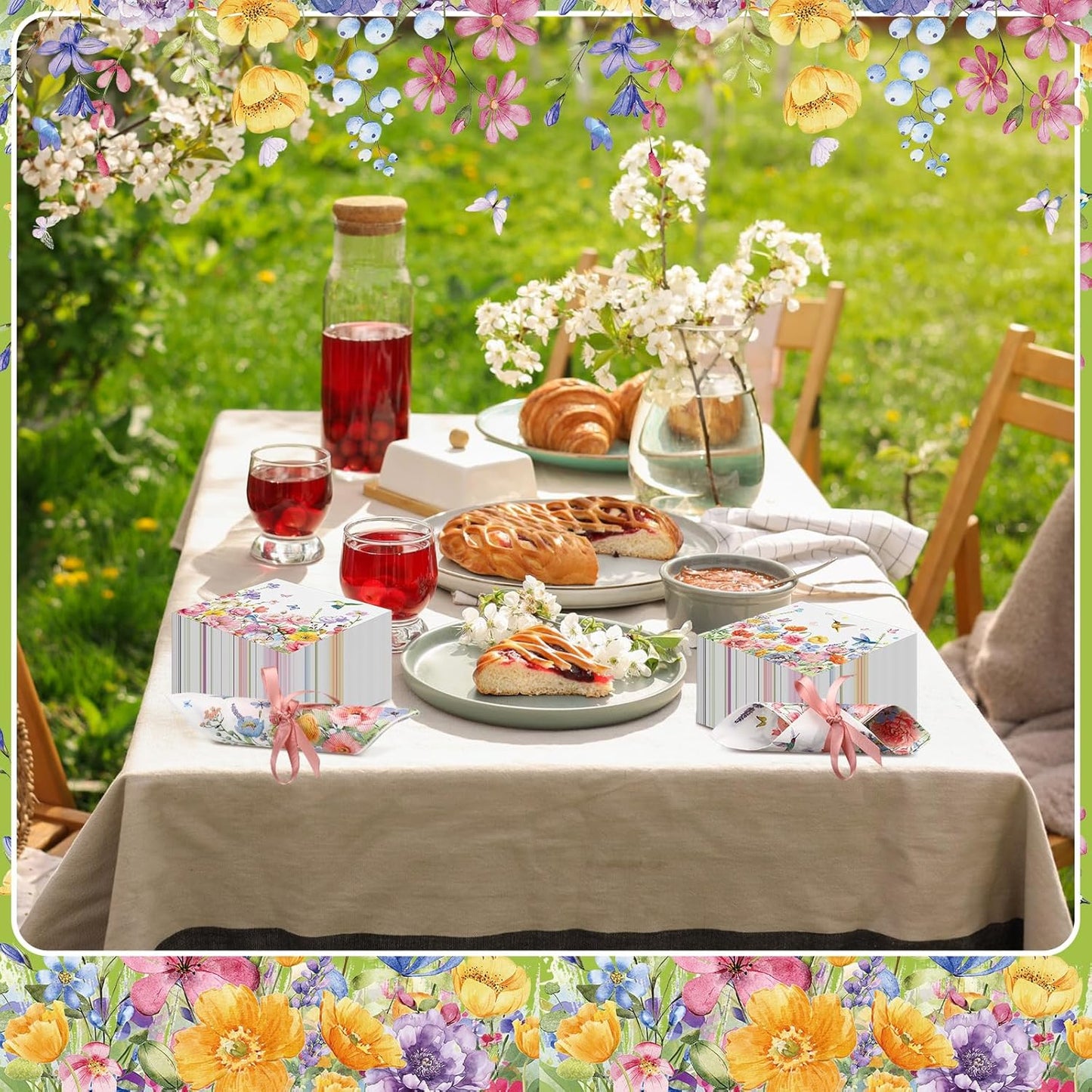 Janlaugh 200 Pcs Summer Floral Cocktail Napkins Disposable 2 Ply Flower Hummingbird Butterfly Dinner Paper Napkins Bulk for Summer Party Favor Supplies