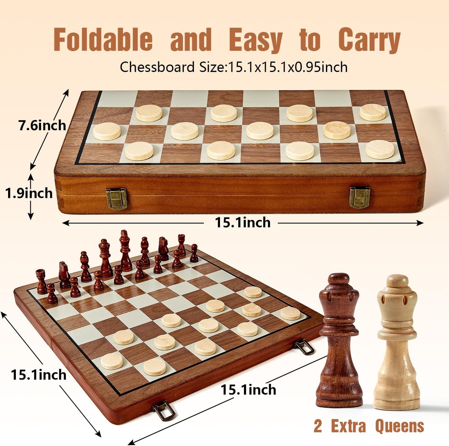 MerryPony 2 in 1 Magnetic Wooden Chess and Checkers Set, 15" Foldable Chess set for Adults & Kids, Chess Board with 2 Extra Queens, Travel Chess Set with Pieces Storage Slots, Ideal Chess for Beginner