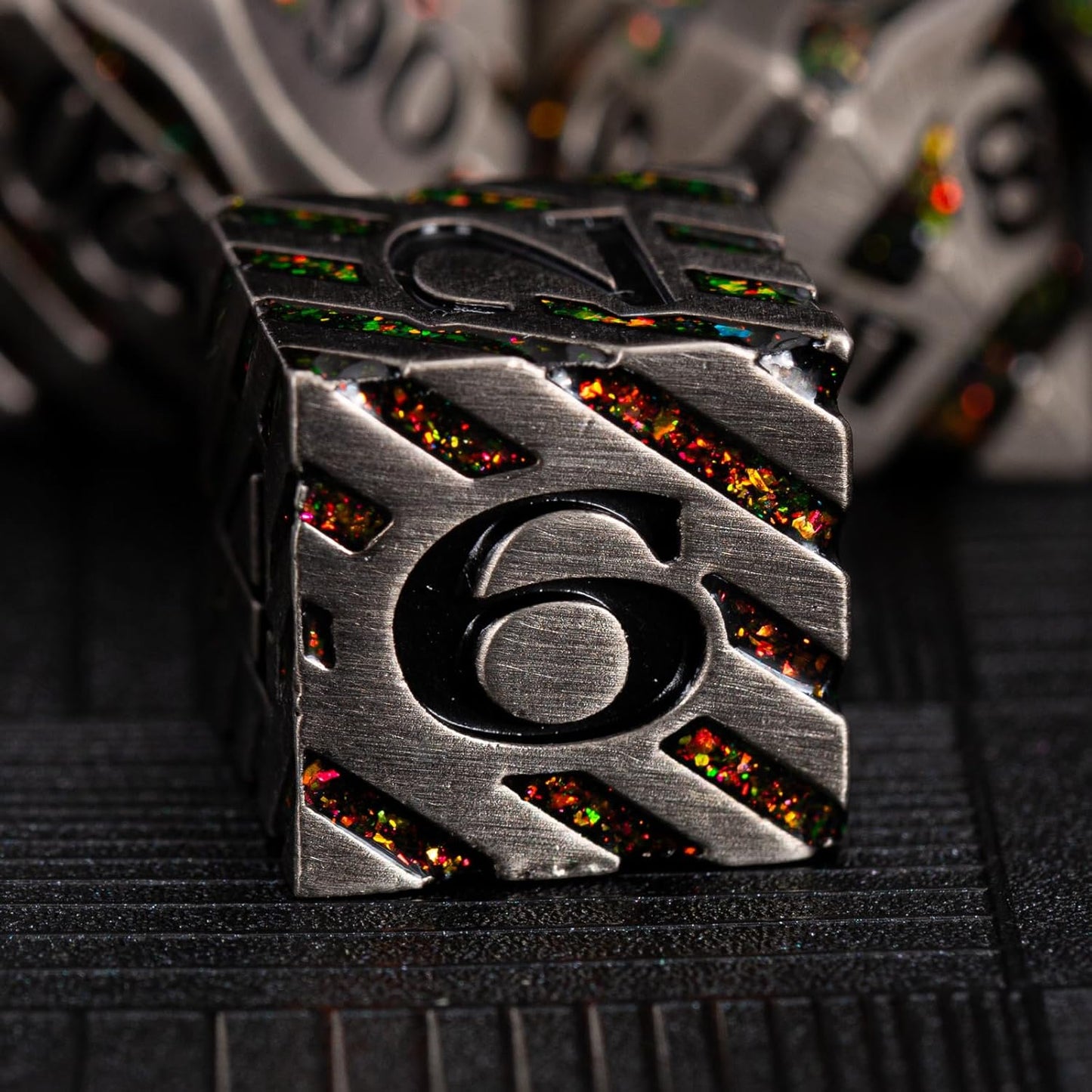 Anitque Metal Dice D&D,Metal Glitter Stripe Dice 7pcs Set with Gift Case,Polyhedral Dice for Role Playing Game (Antique Nickel Red)