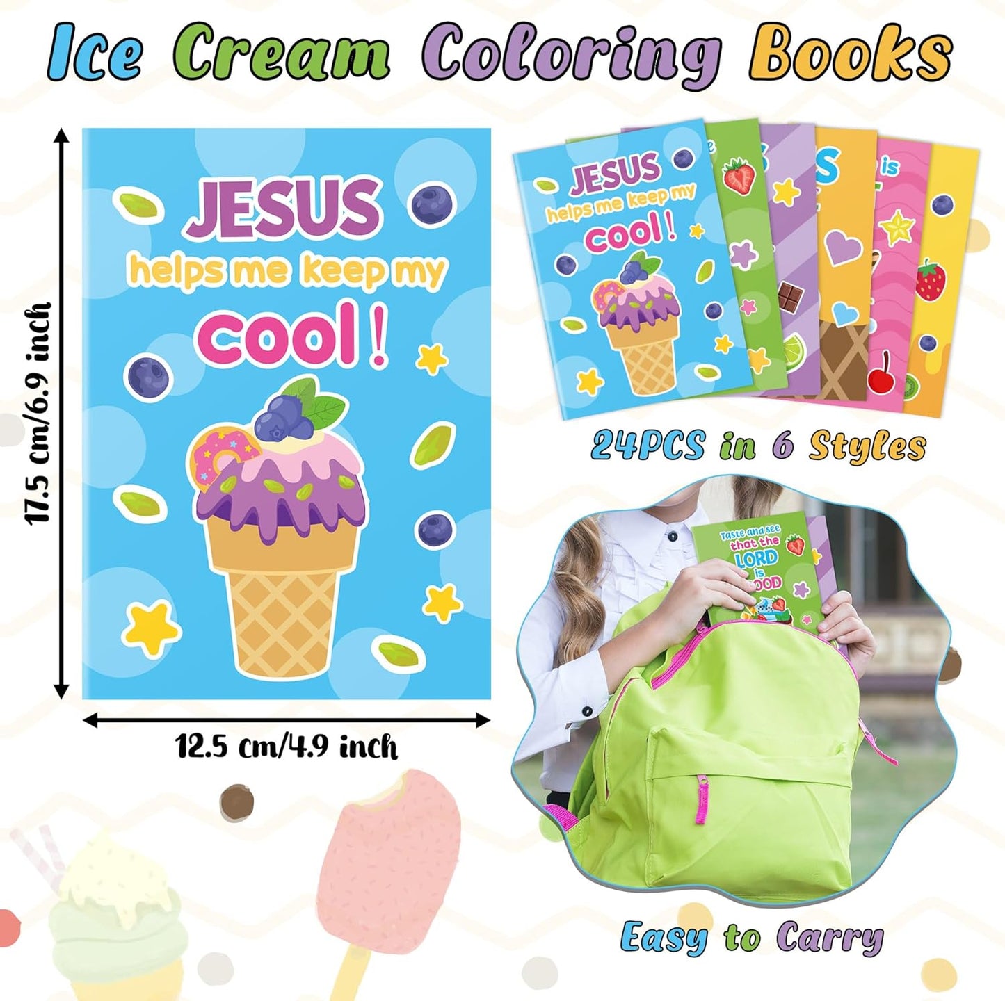 JAPBOR Ice Cream Coloring Books - 24PCS Mini Summer Religious Color Book Bulk for Kids Party Favors, Christian Jesus Small Colour Pages for Sunday School Class Drawing Painting Games Goodie Bag Filler
