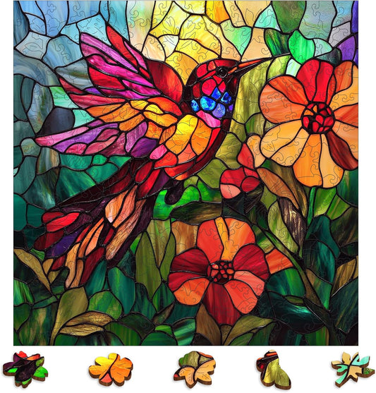 Wooden Puzzles for Adults, Stained Glass Puzzles 499 Pieces, Unique Shaped Hummingbird Jigsaw Puzzles for Adults and Kids, Birthday Gifts Fun Challenge Family Game 16.5'' x 16.5''